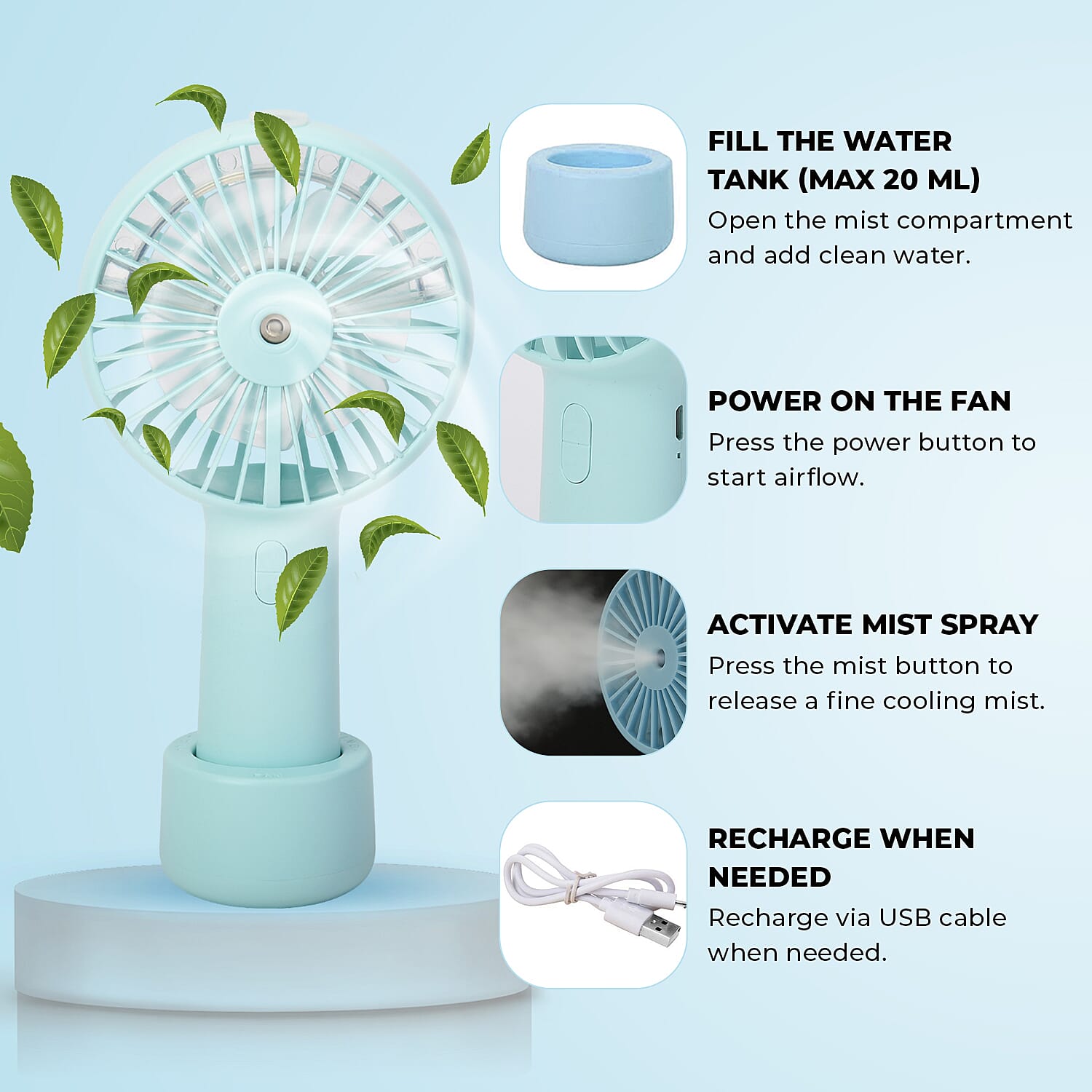 2 in 1 Mist Spray Fan with Detachable Base (Size 19.7x10.5x4.3cm) - Blue