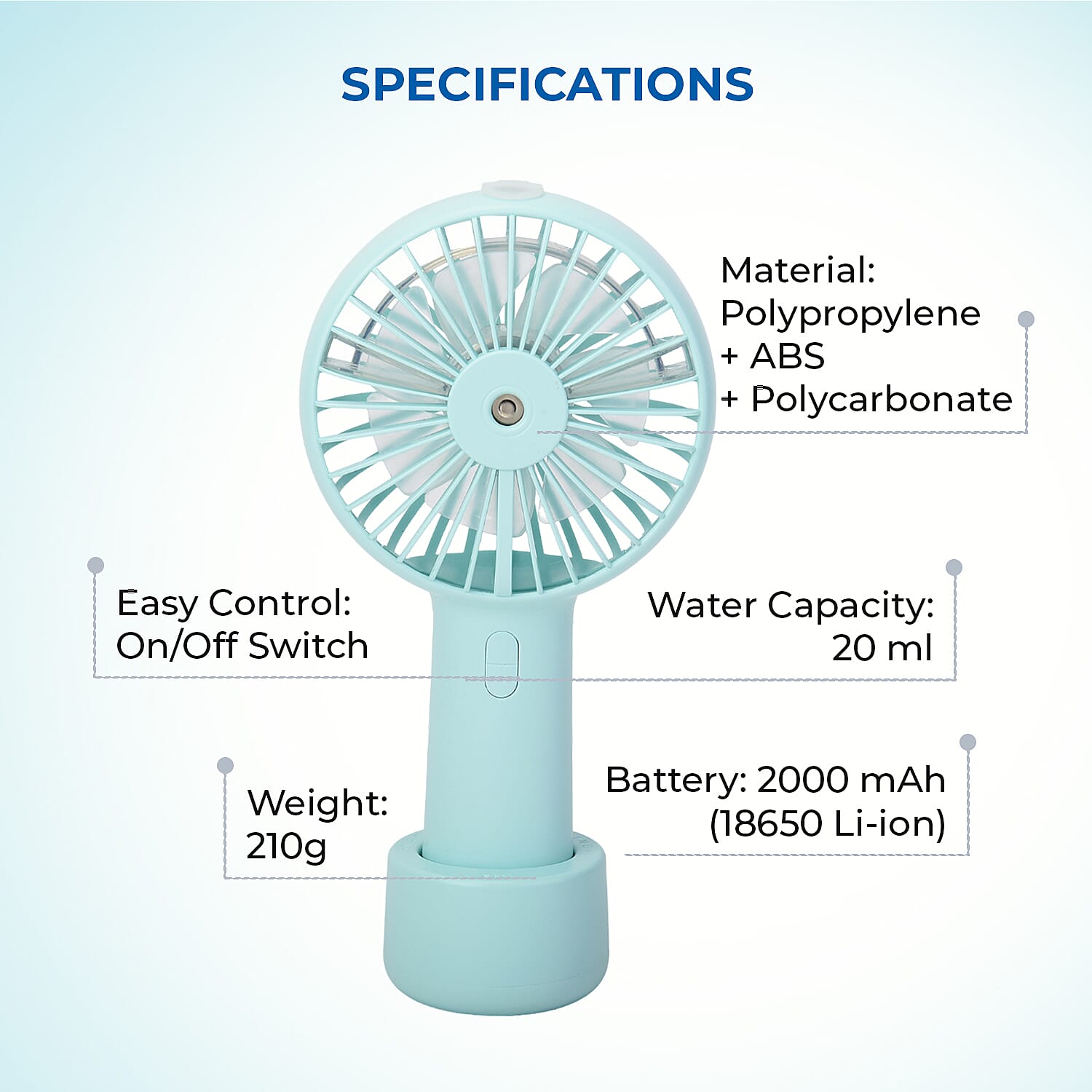 2 in 1 Mist Spray Fan with Detachable Base (Size 19.7x10.5x4.3cm) - Blue