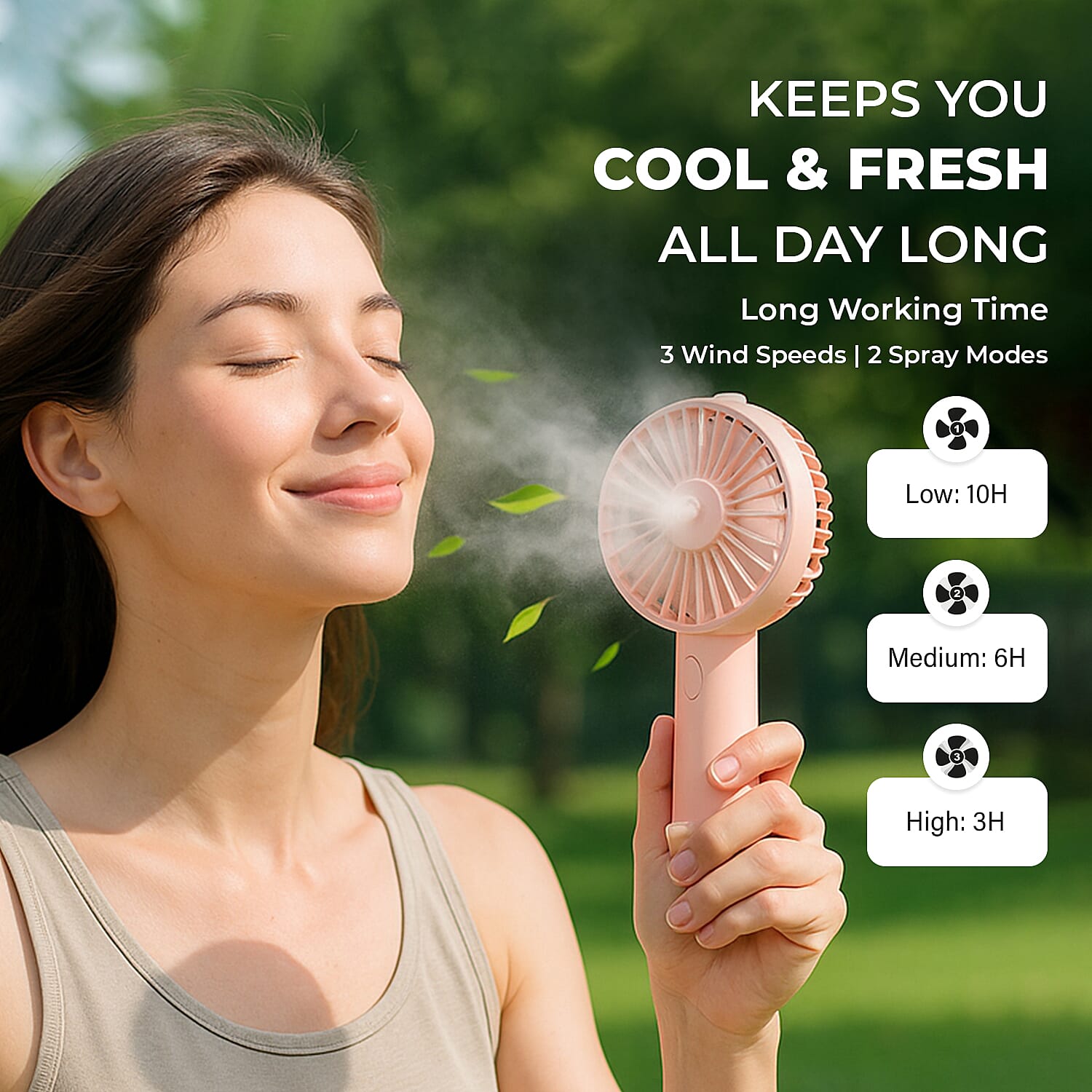 2 in 1 Mist Spray Fan with Detachable Base (Size 20x11x4 cm) - Pink -  USB Charged