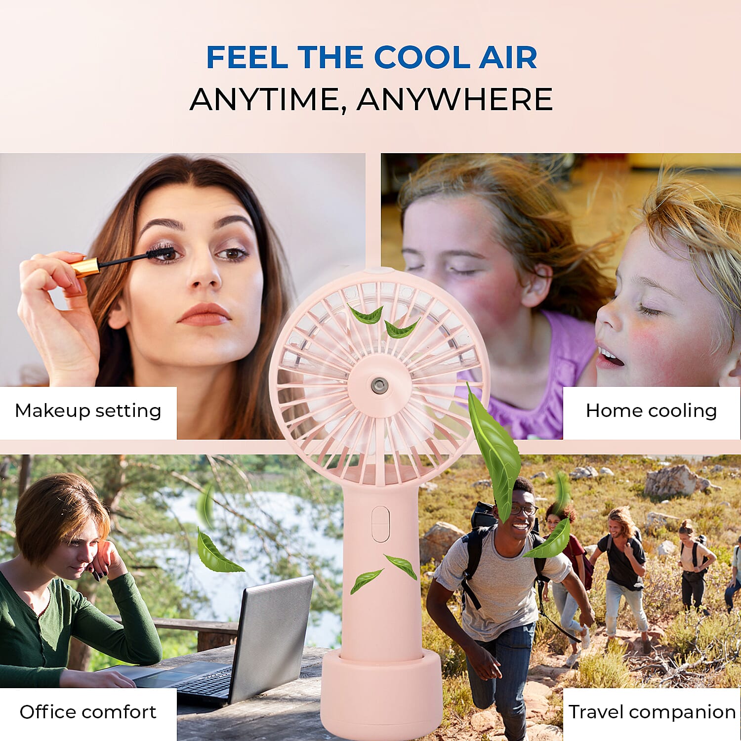 2 in 1 Mist Spray Fan with Detachable Base (Size 20x11x4 cm) - Pink -  USB Charged