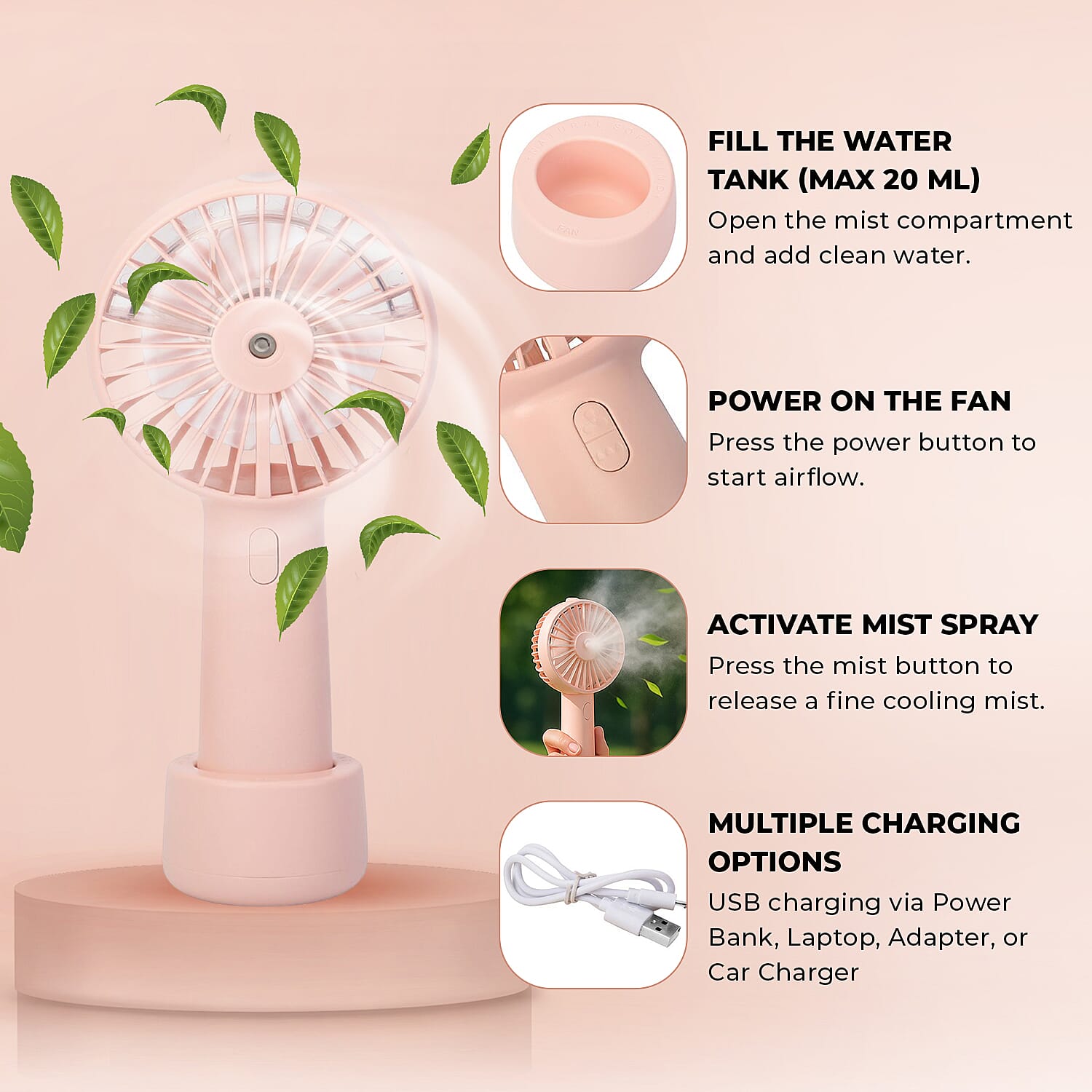 2 in 1 Mist Spray Fan with Detachable Base (Size 20x11x4 cm) - Pink -  USB Charged