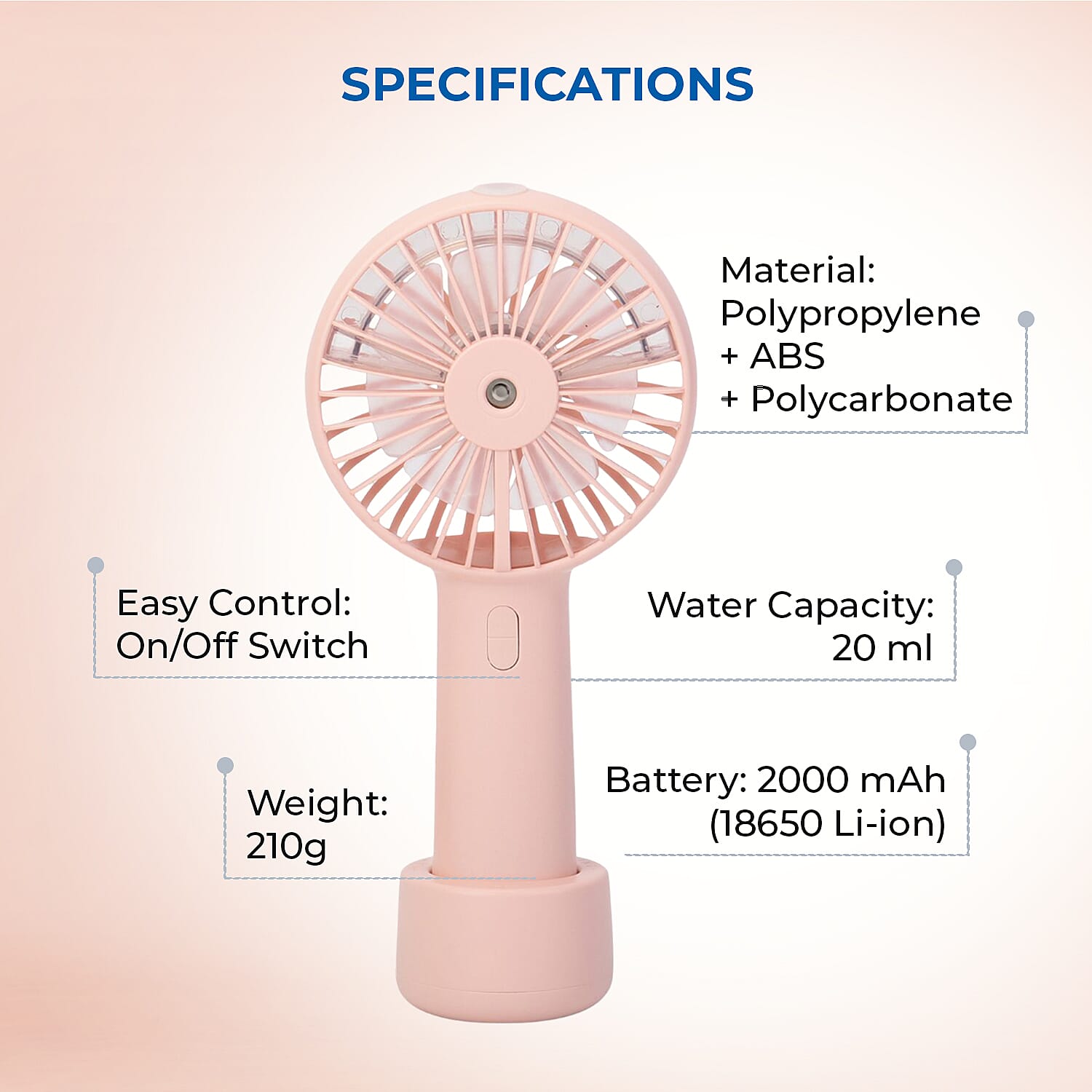 2 in 1 Mist Spray Fan with Detachable Base (Size 20x11x4 cm) - Pink -  USB Charged