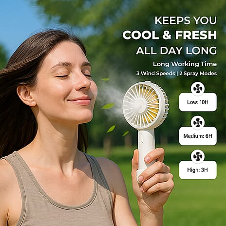 2 in 1 Mist Spray Fan with Detachable Base (Size 20x11x4 cm) - White - USB Charged
