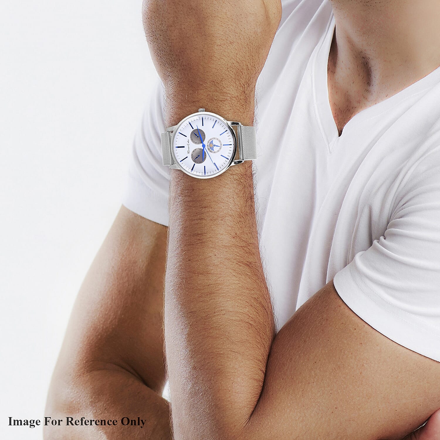 Thomas Calvi White Dial Mens Watch with Mesh Style Stainless Steel Strap in Silver Tone