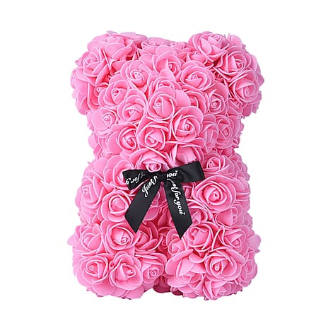 Handcrafted Rose Flower Bear with Bow - Pink