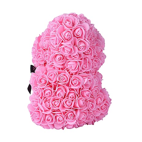 Handcrafted Rose Flower Bear with Bow - Pink