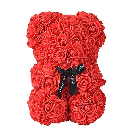 Valentine Special - Handcrafted Faux Rose Flower Bear with Bow - Red