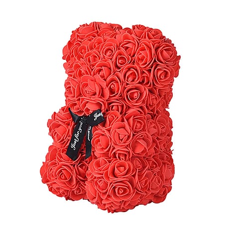 Handcrafted Faux Rose Flower Bear with Bow - Red