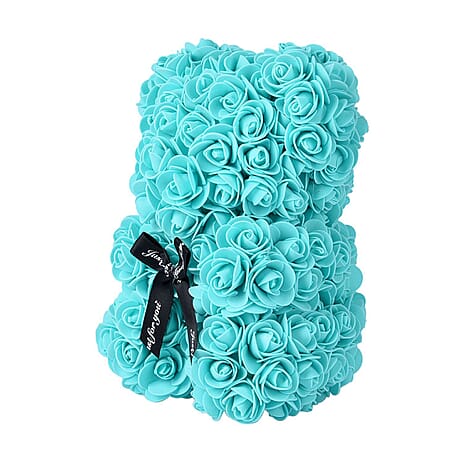Handcrafted Rose Flower Bear with Bow (Size 28x18x17Cm) - Turquoise Blue