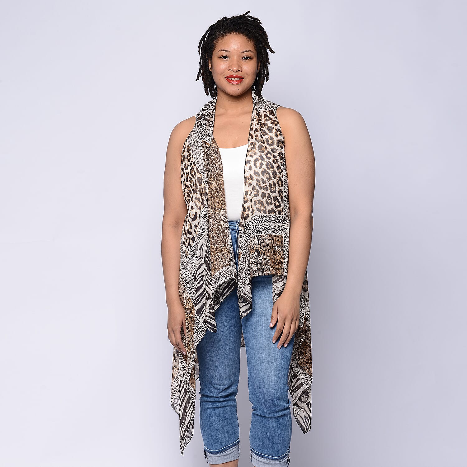 Animal Print Sleeveless Kimono in Brown and Beige (Size 43x90cm)