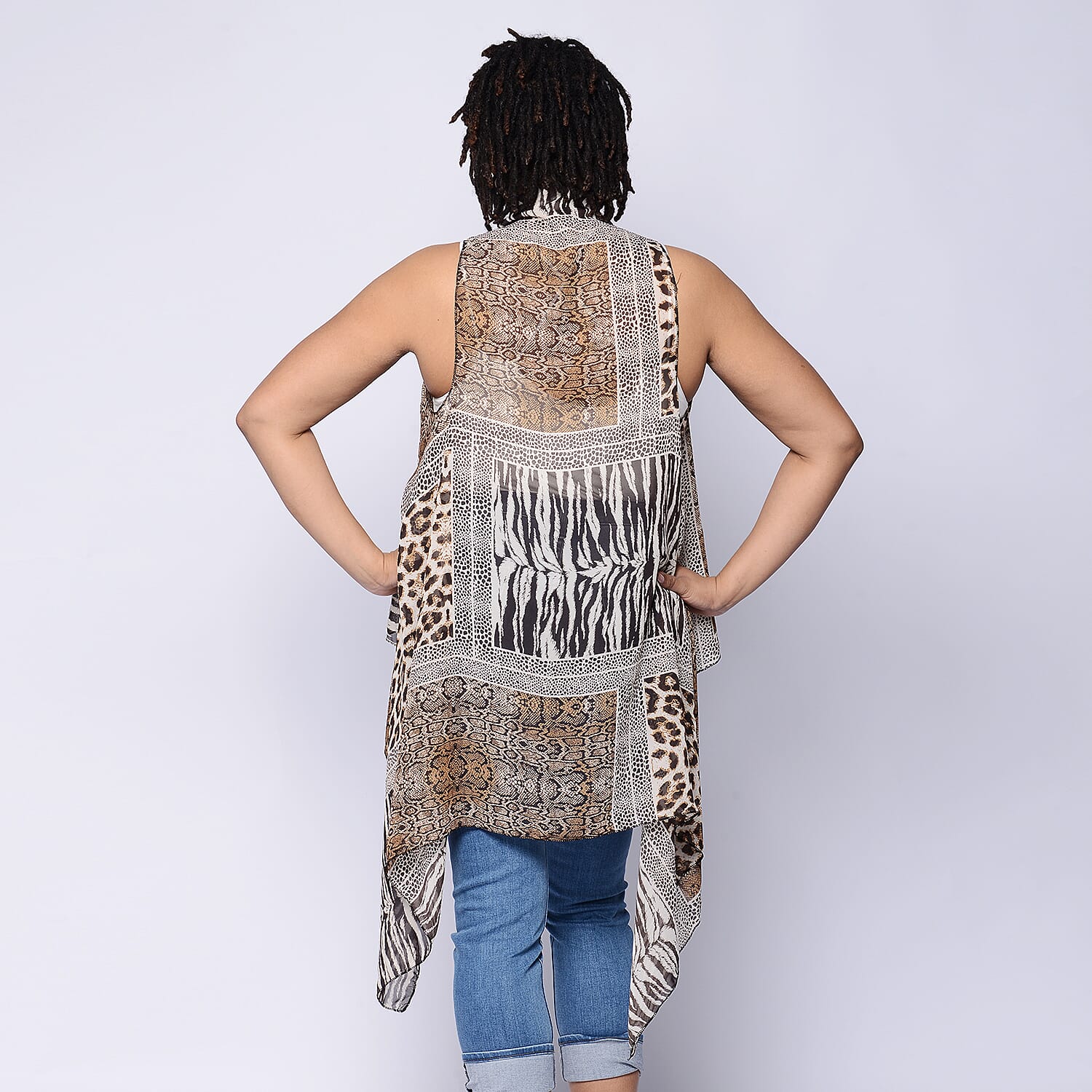 Animal Print Sleeveless Kimono in Brown and Beige (Size 43x90cm)