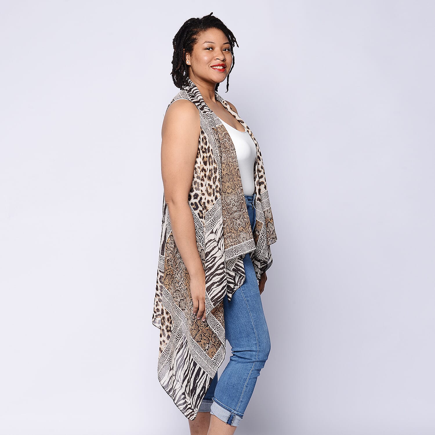 Animal Print Sleeveless Kimono in Brown and Beige (Size 43x90cm)