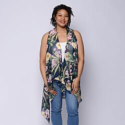 Leaf & Floral Print Sleeveless Kimono in Navy and Green (Size 43x90cm)