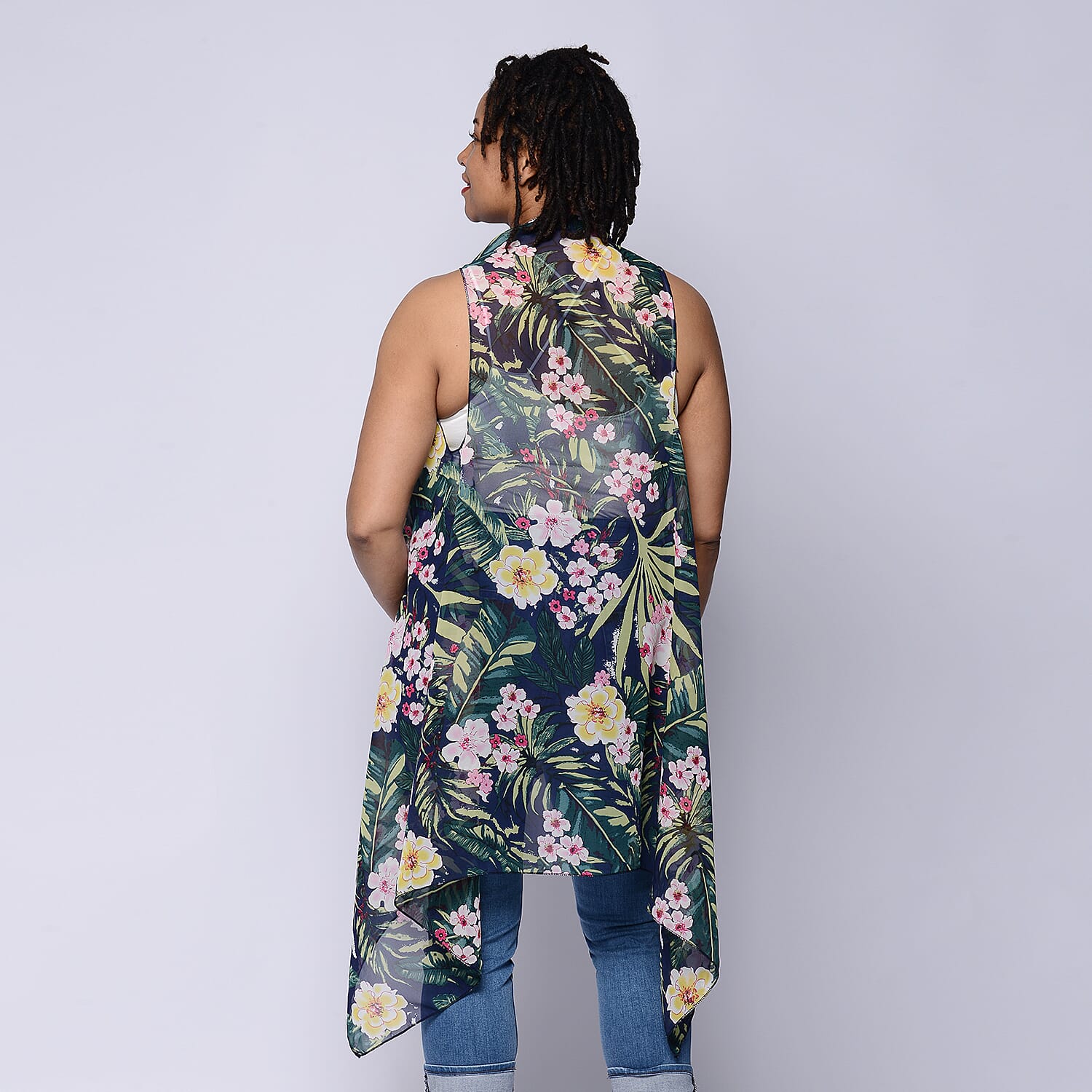 Leaf & Floral Print Sleeveless Kimono in Navy and Green (Size 43x90cm)