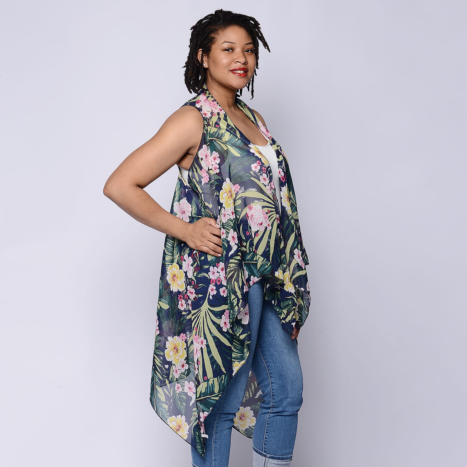 Leaf & Floral Print Sleeveless Kimono in Navy and Green (Size 43x90cm)