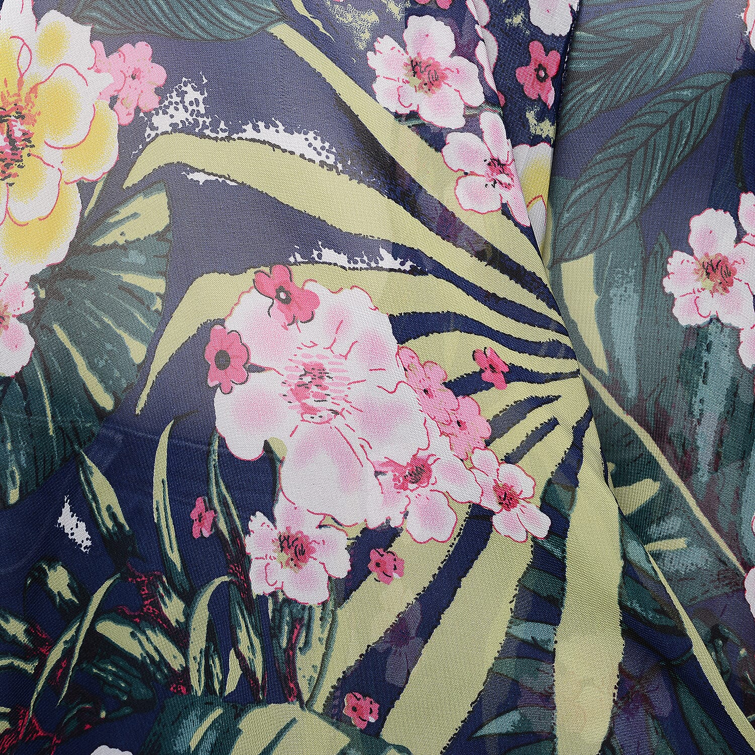 Leaf & Floral Print Sleeveless Kimono in Navy and Green (Size 43x90cm)