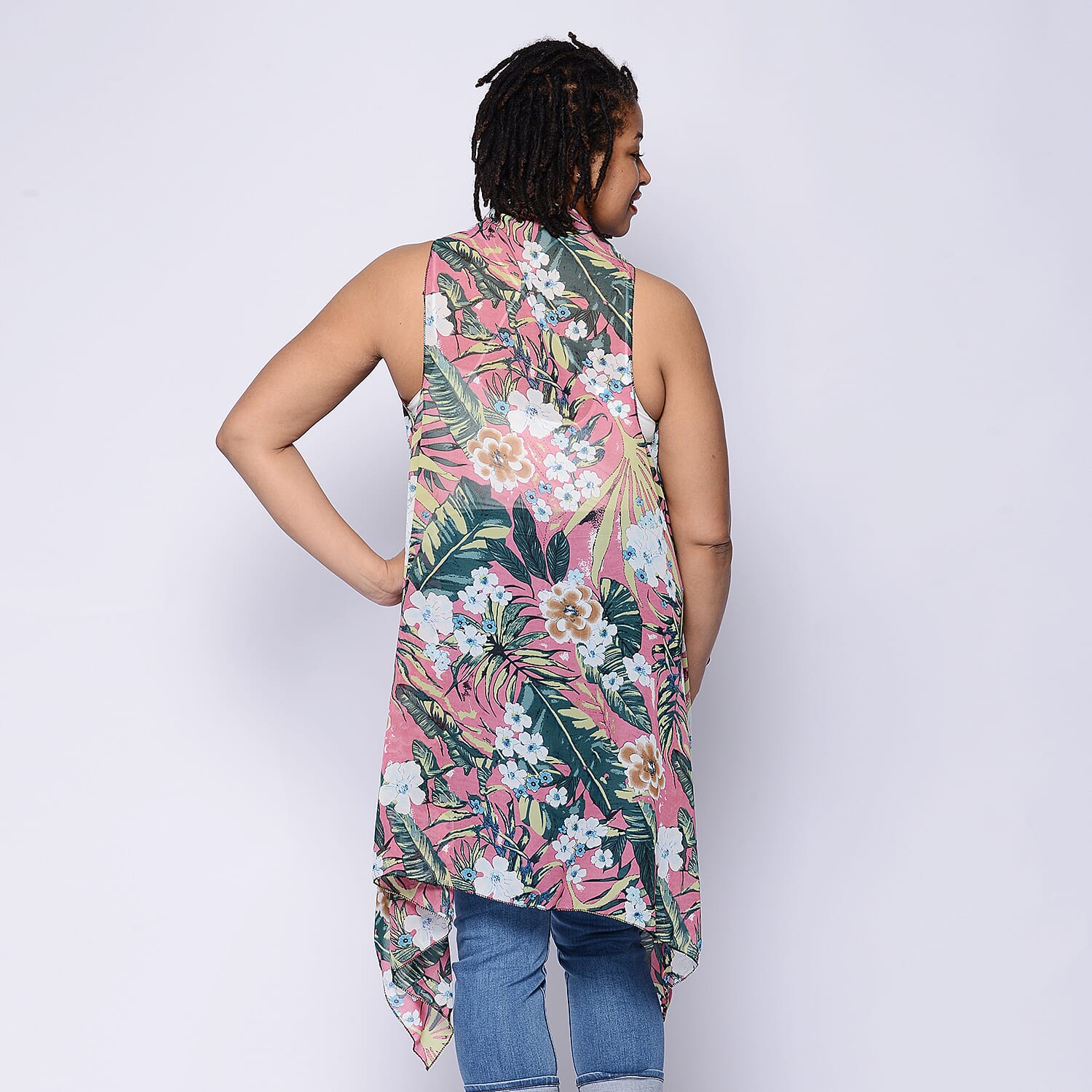 Leaf & Floral Print Sleeveless Kimono in Pink and Green (Size 43x90cm)