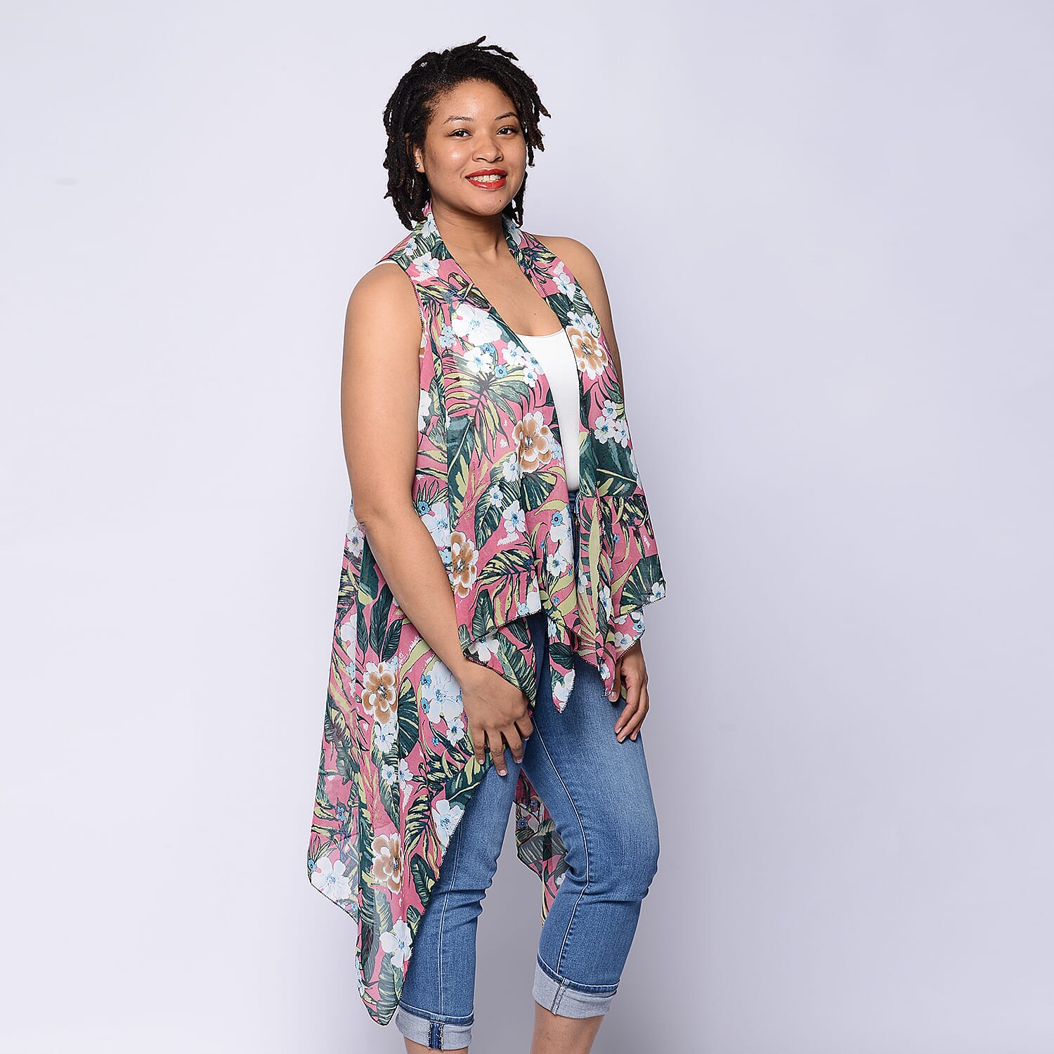 Leaf & Floral Print Sleeveless Kimono in Pink and Green (Size 43x90cm)