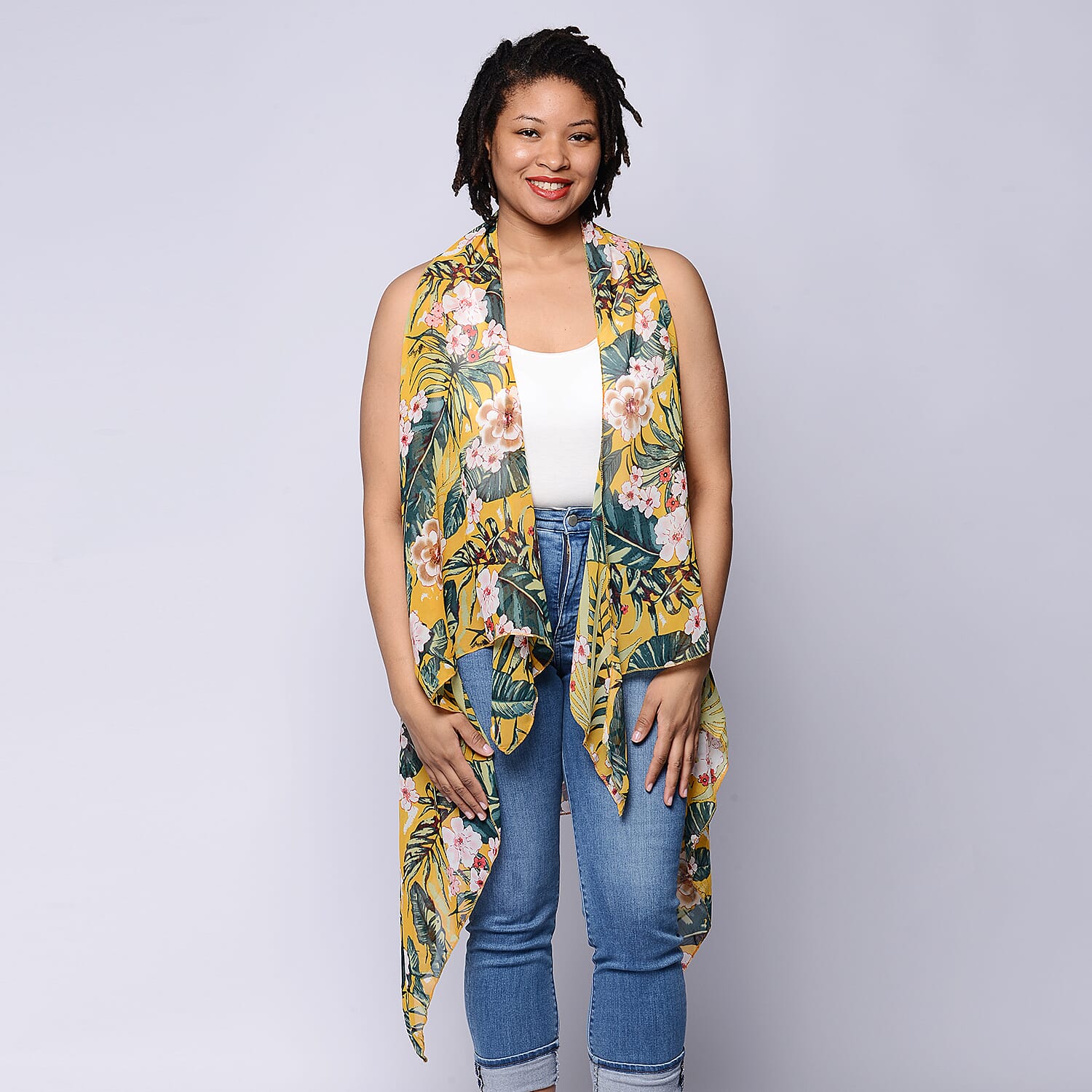 Leaf & Floral Print Sleeveless Kimono in Mustard and Green (Size 43x90cm)