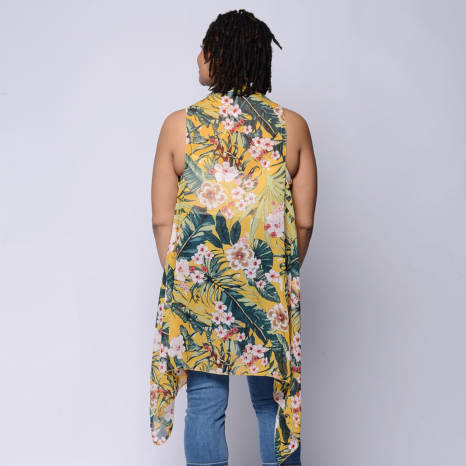 Leaf & Floral Print Sleeveless Kimono in Mustard and Green (Size 43x90cm)