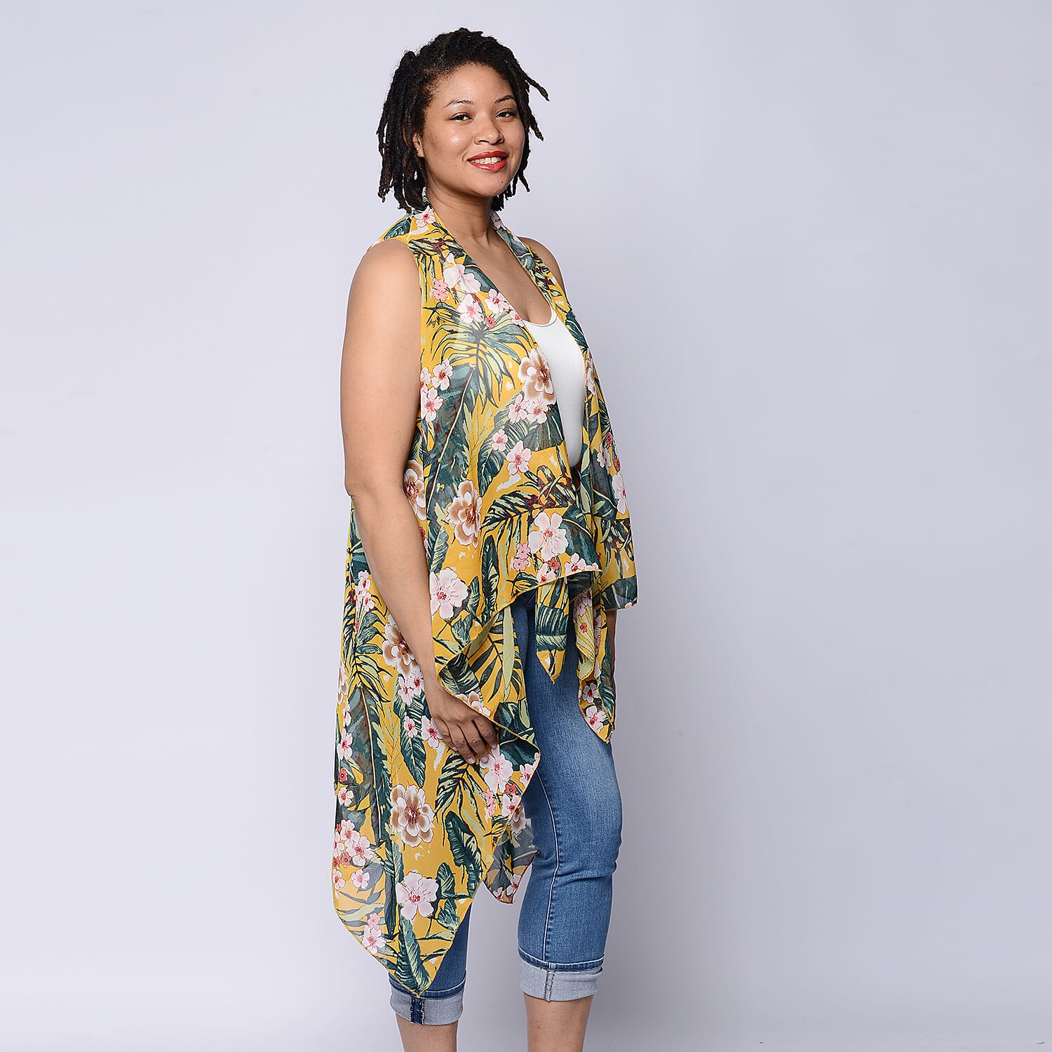 Leaf & Floral Print Sleeveless Kimono in Mustard and Green (Size 43x90cm)