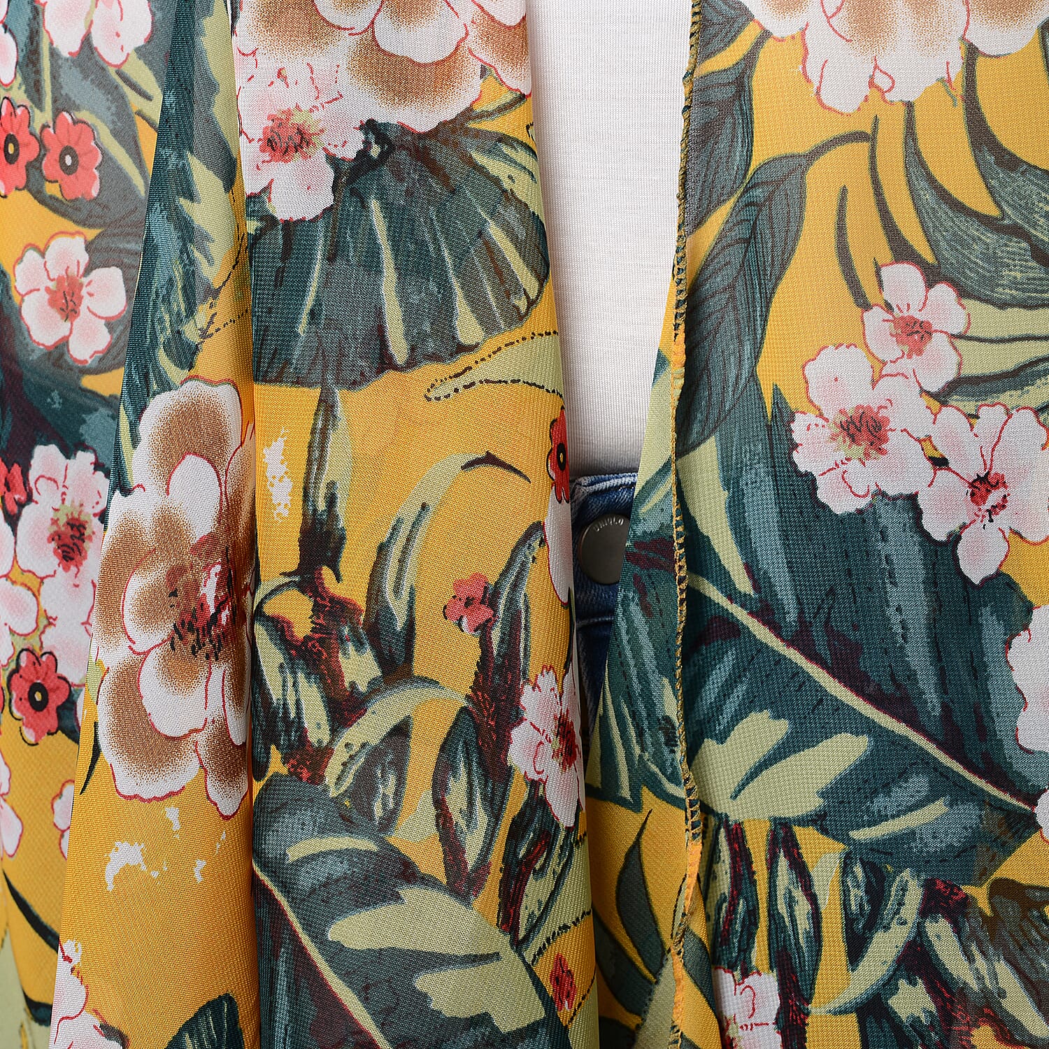 Leaf & Floral Print Sleeveless Kimono in Mustard and Green (Size 43x90cm)