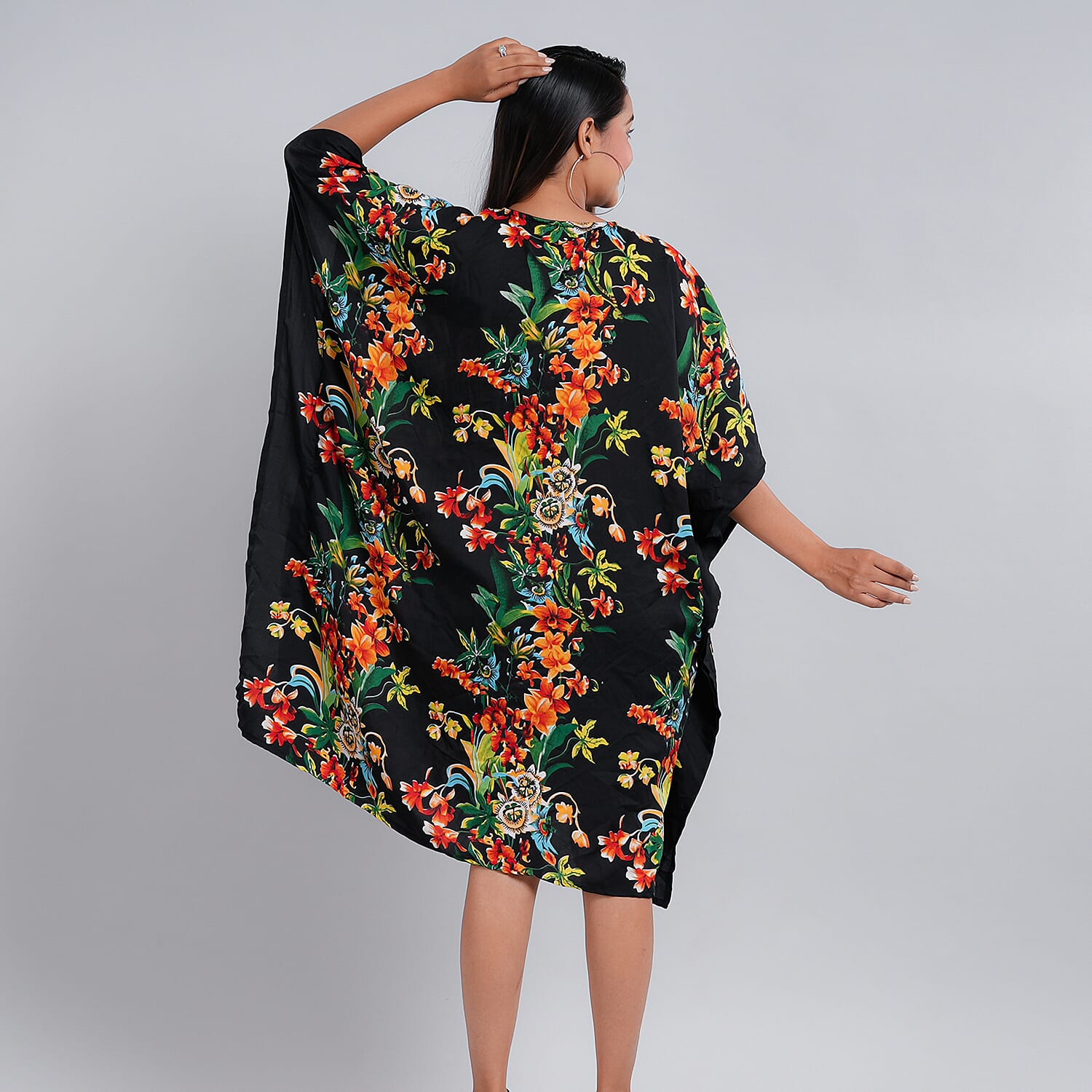 JOVIE Tropical Printed Short Kaftan (Size 95x80 Cm) - Black & Multi