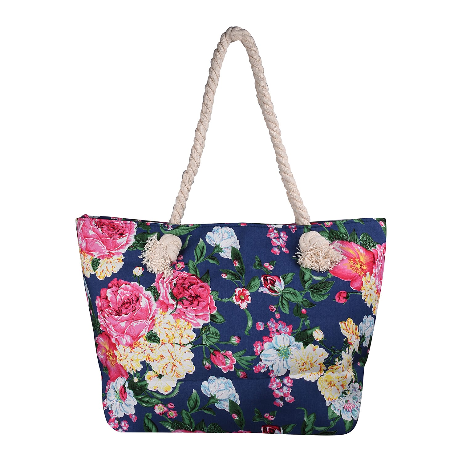 Floral Printed Shopping Bag with Zipper Closure - Base Navy & Multi