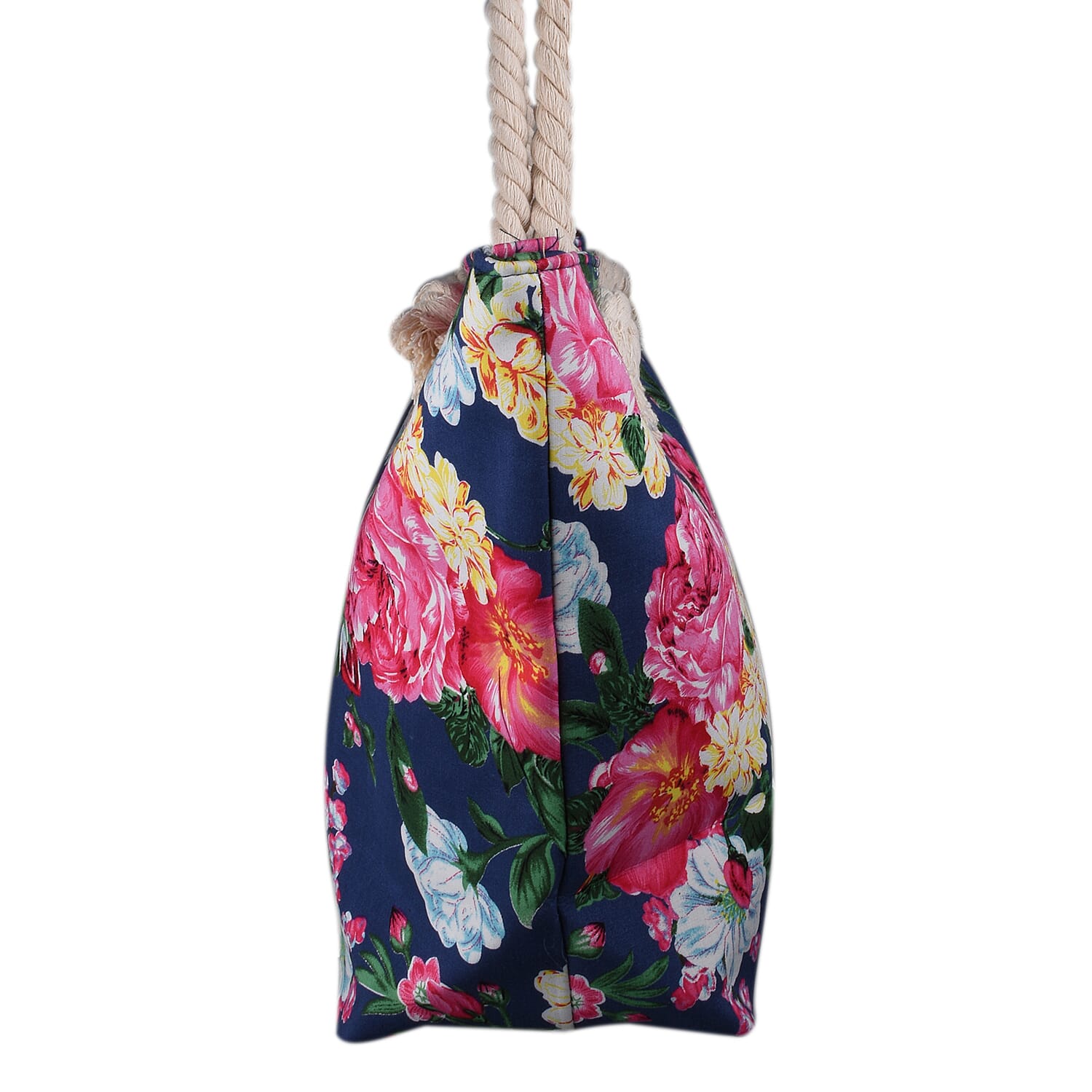Floral Printed Shopping Bag with Zipper Closure - Base Navy & Multi