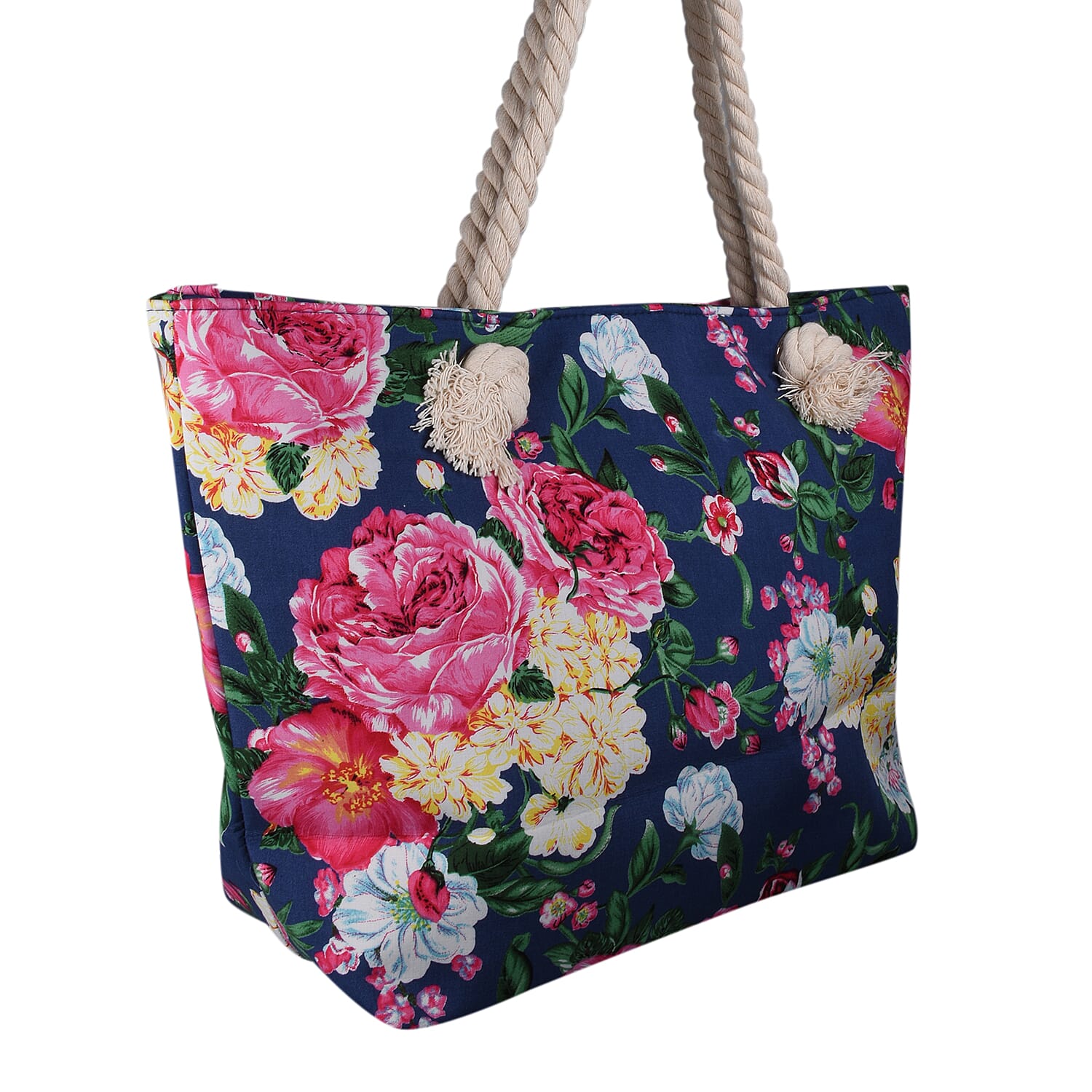 Floral Printed Shopping Bag with Zipper Closure - Base Navy & Multi