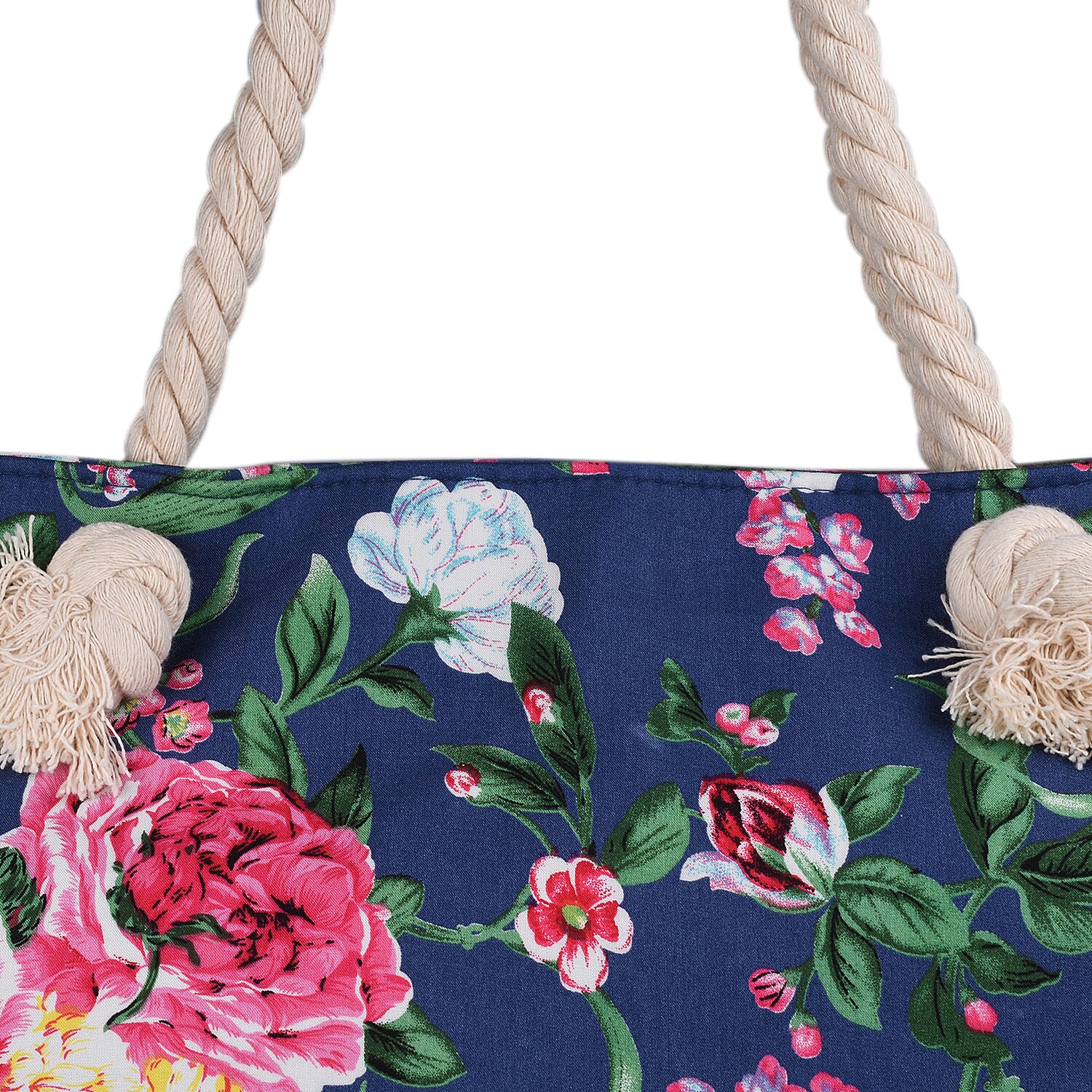 Floral Printed Shopping Bag with Zipper Closure - Base Navy & Multi