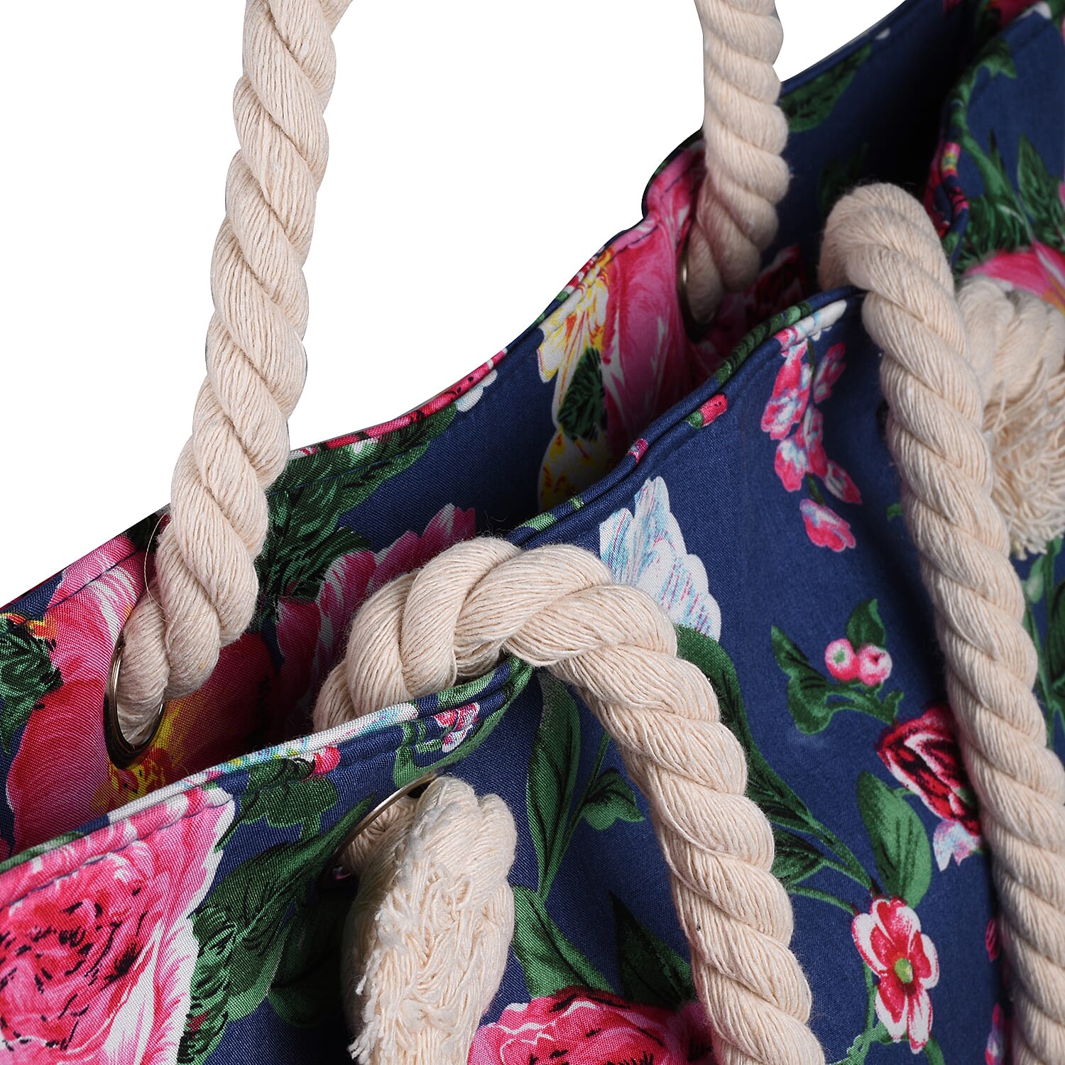 Floral Printed Shopping Bag with Zipper Closure - Base Navy & Multi