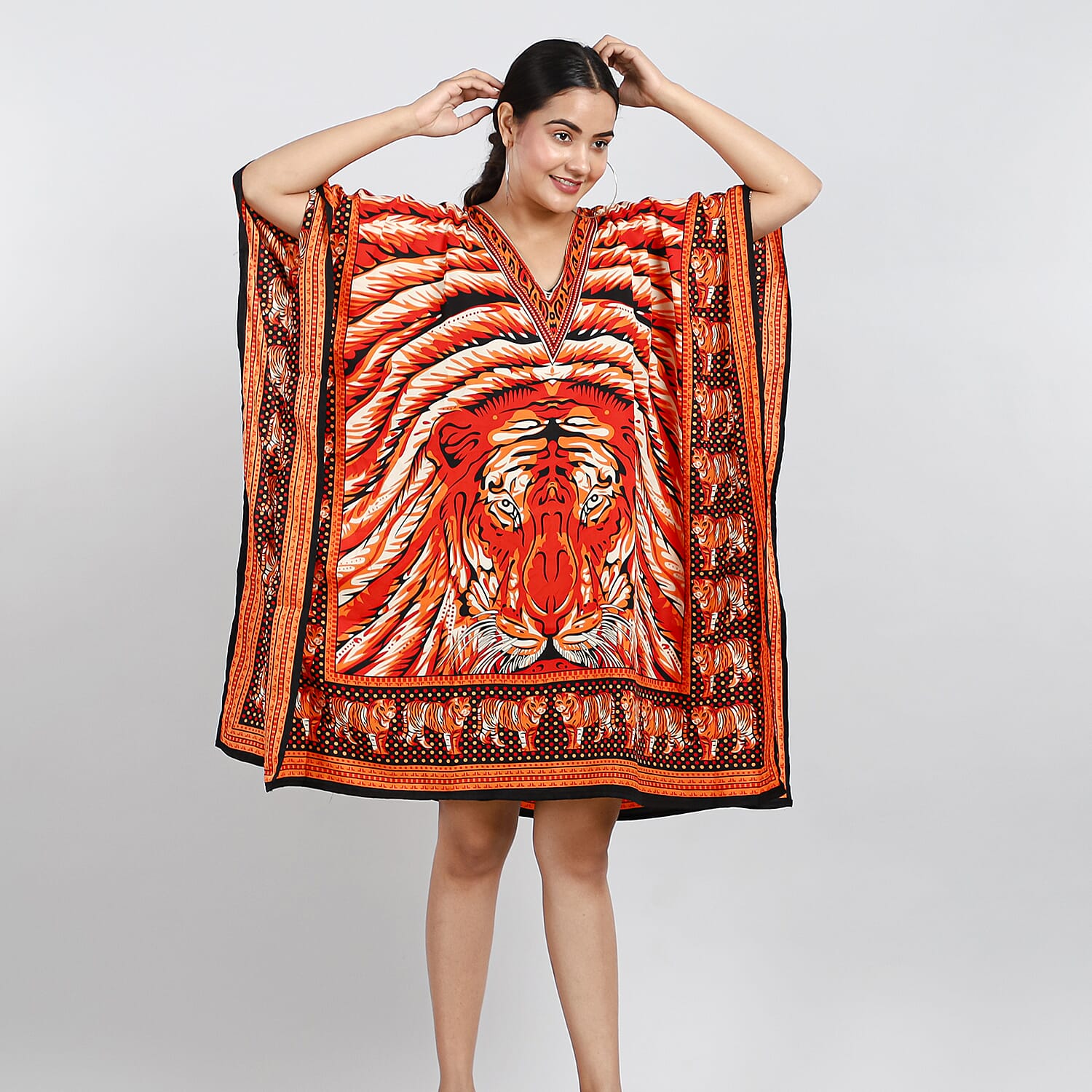 JOVIE Tropic Tiger Printed Short Kaftan (Size 95x80 Cm) - Orange & Multi
