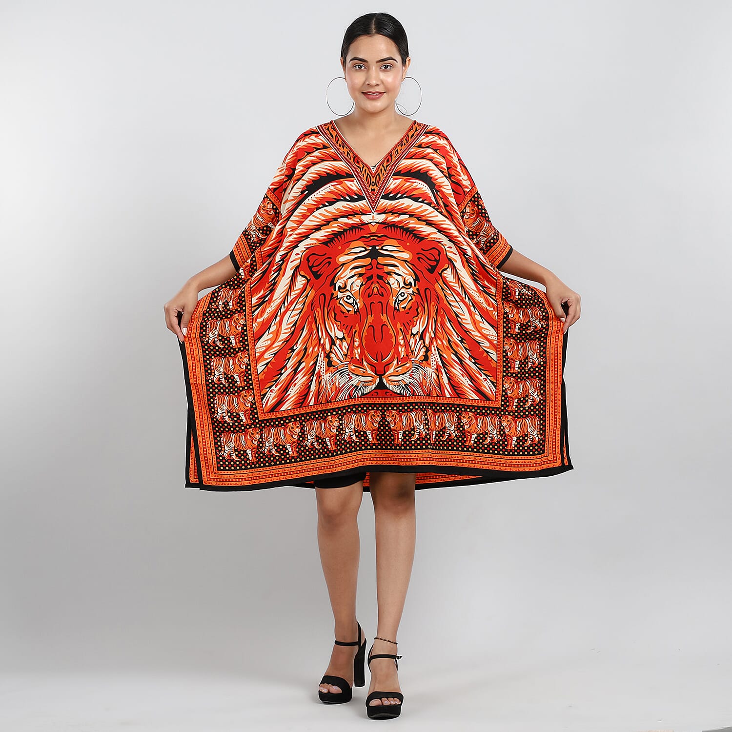 JOVIE Tropic Tiger Printed Short Kaftan (Size 95x80 Cm) - Orange & Multi