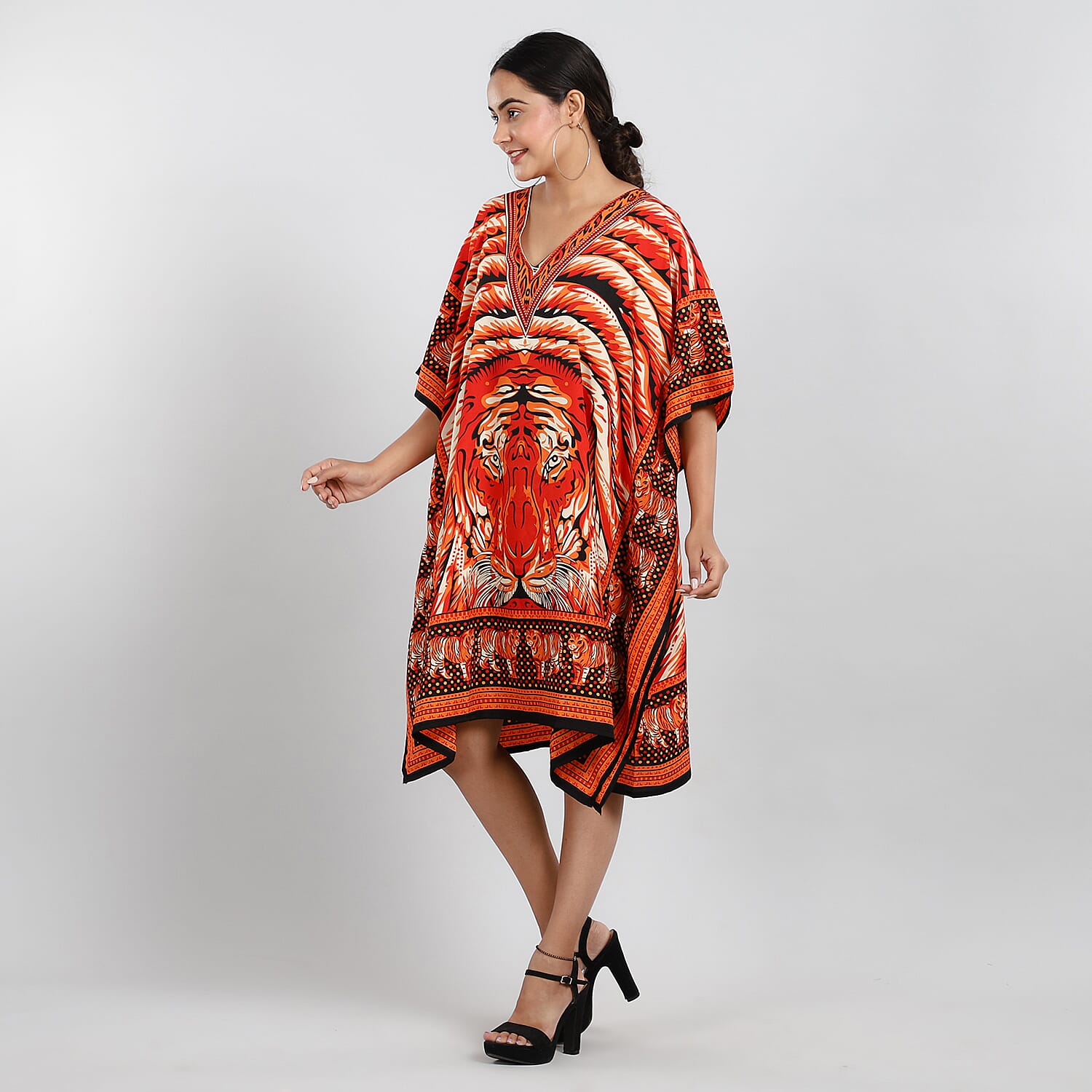 JOVIE Tropic Tiger Printed Short Kaftan (Size 95x80 Cm) - Orange & Multi