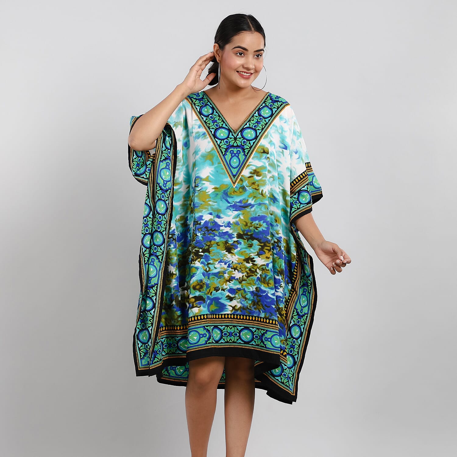 TAMSY Tropic Floral Printed Short Kaftan - Blue & Multi