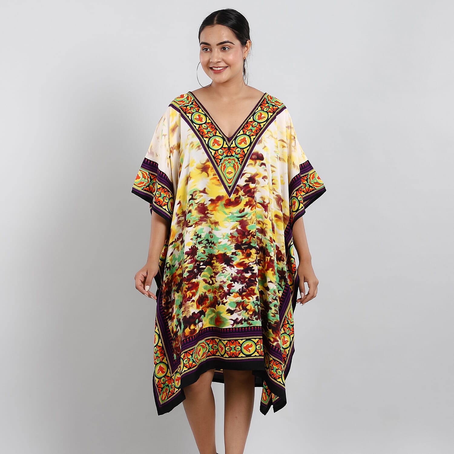 TAMSY Floral Printed Short Kaftan (Size 95x80 Cm) - Yellow & Multi