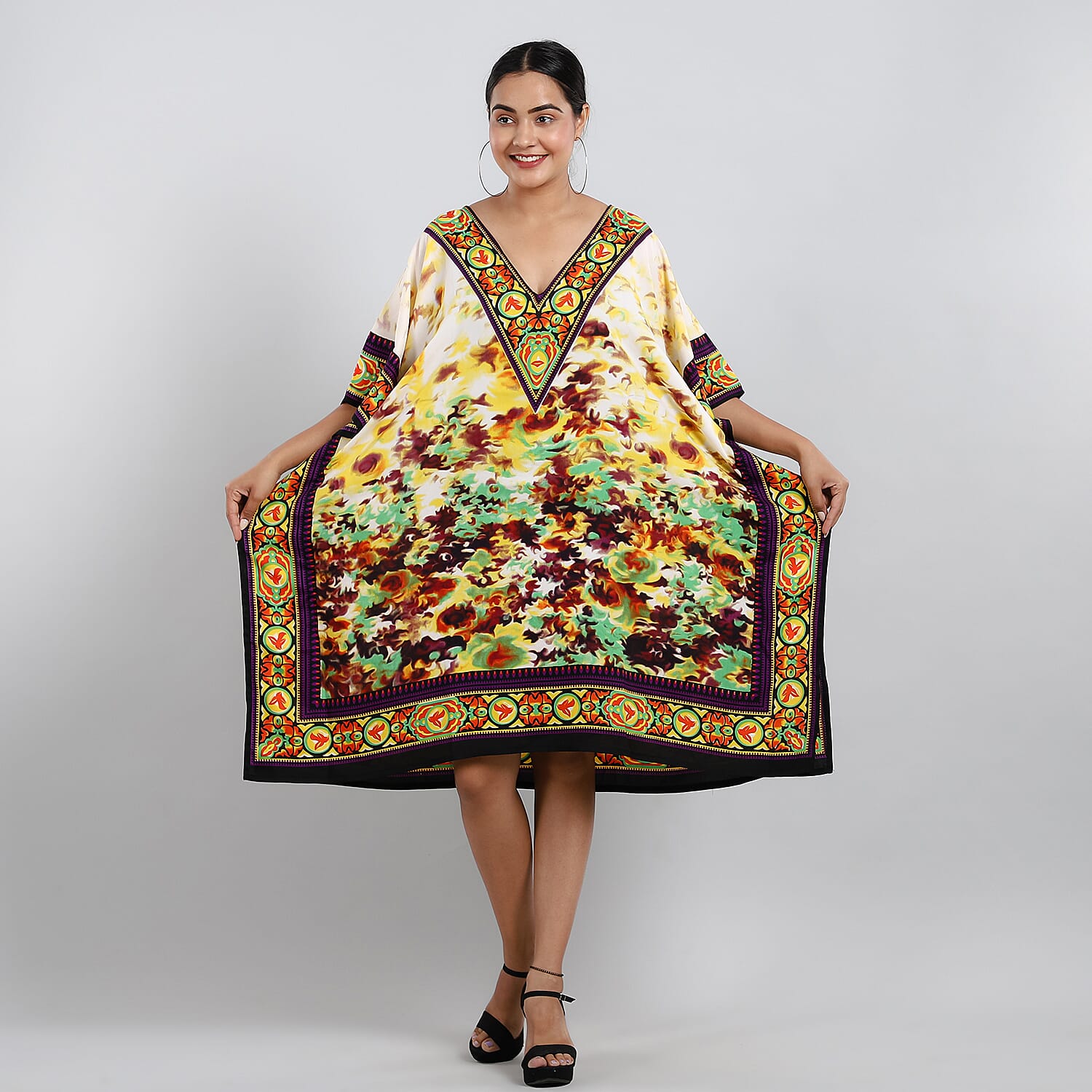 TAMSY Floral Printed Short Kaftan (Size 95x80 Cm) - Yellow & Multi