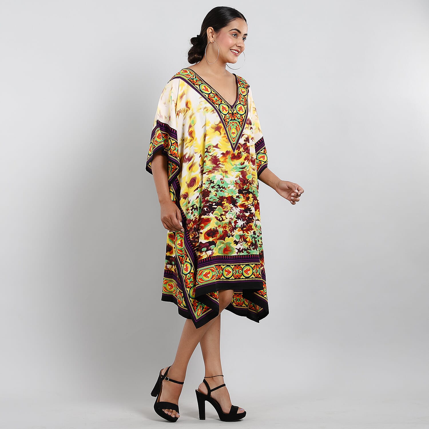 TAMSY Floral Printed Short Kaftan (Size 95x80 Cm) - Yellow & Multi