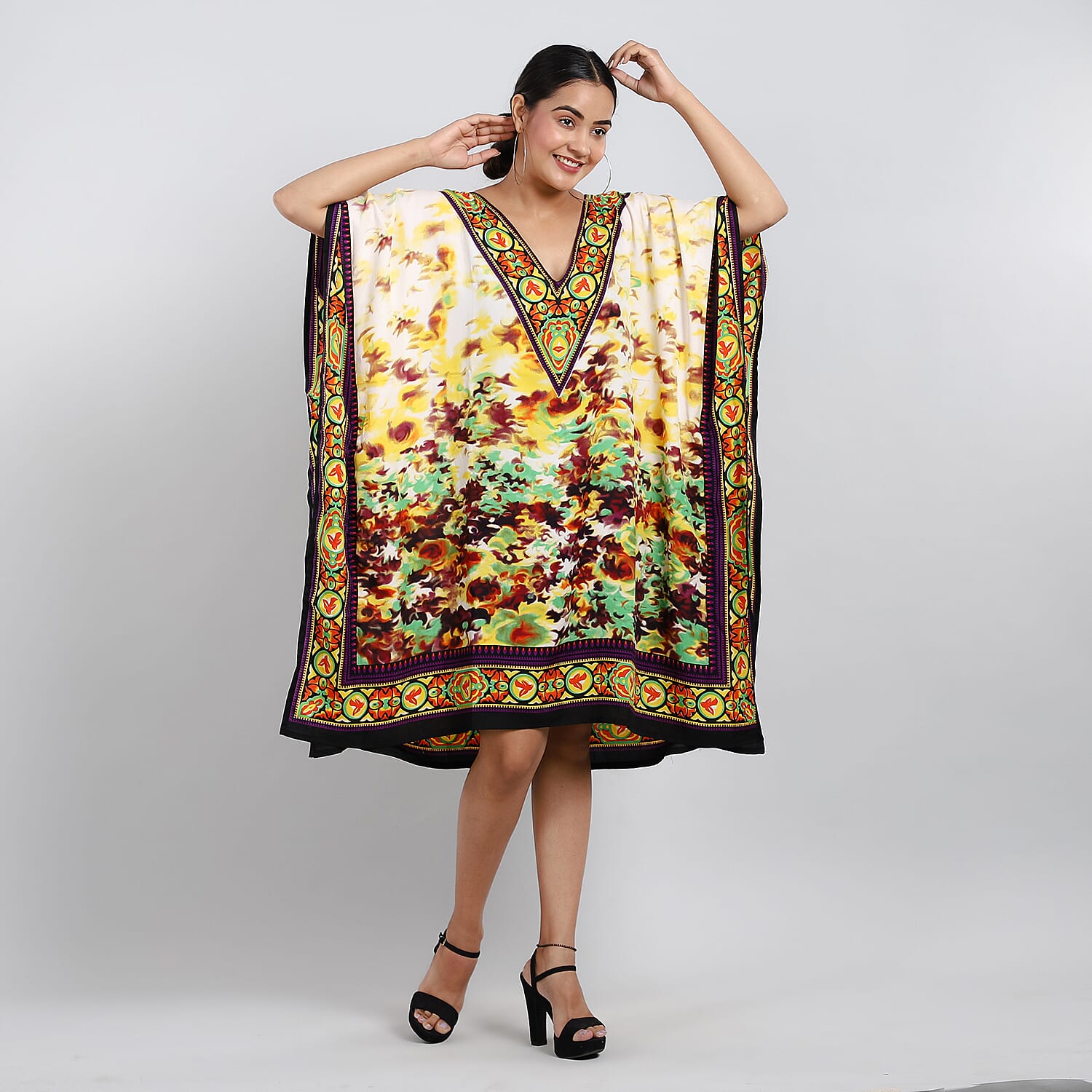 TAMSY Floral Printed Short Kaftan (Size 95x80 Cm) - Yellow & Multi