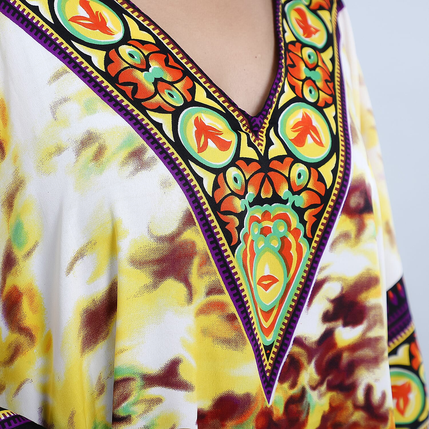 TAMSY Floral Printed Short Kaftan (Size 95x80 Cm) - Yellow & Multi
