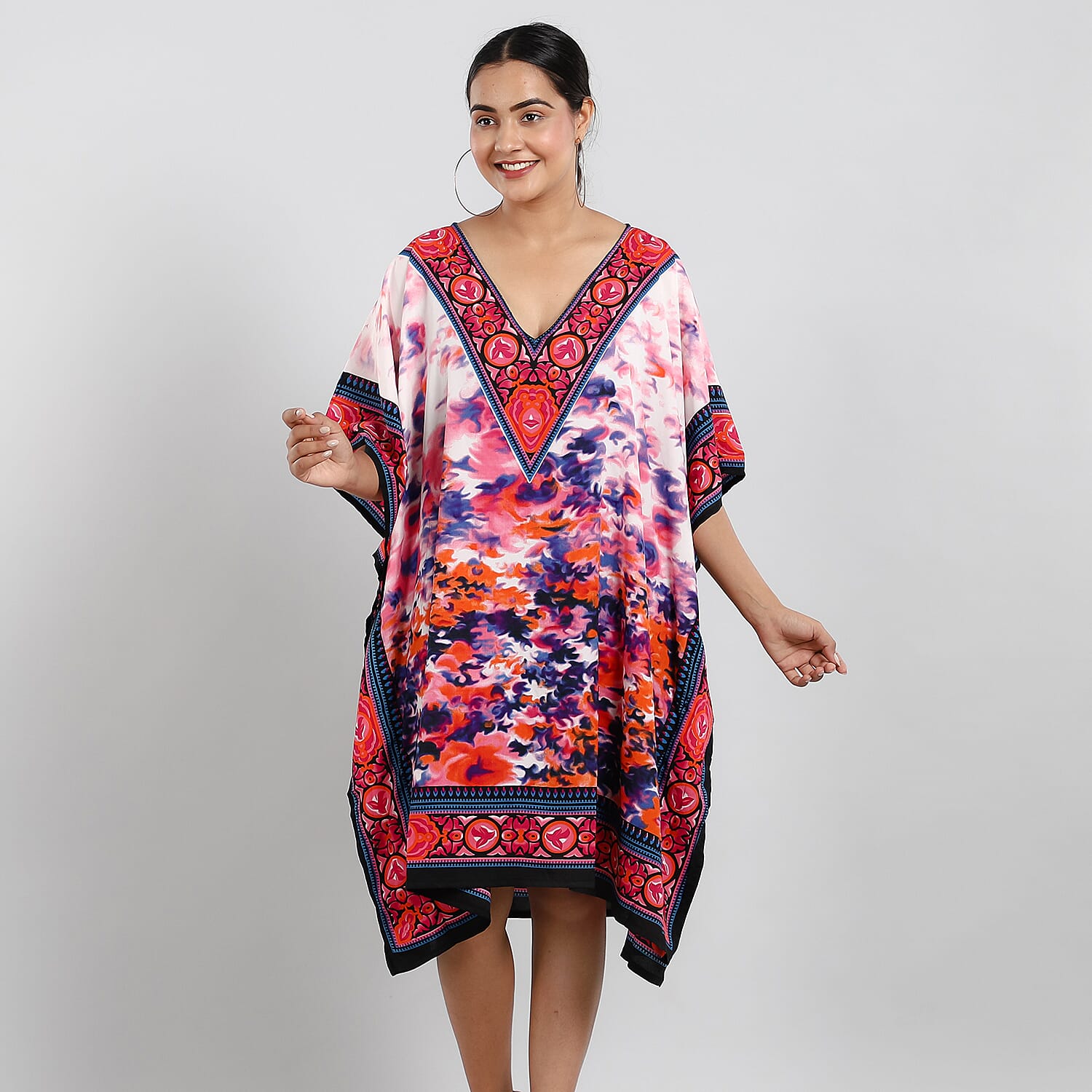 TAMSY Tropic Floral Printed Short Kaftan (Size 95x78 Cm) - Red & Multi