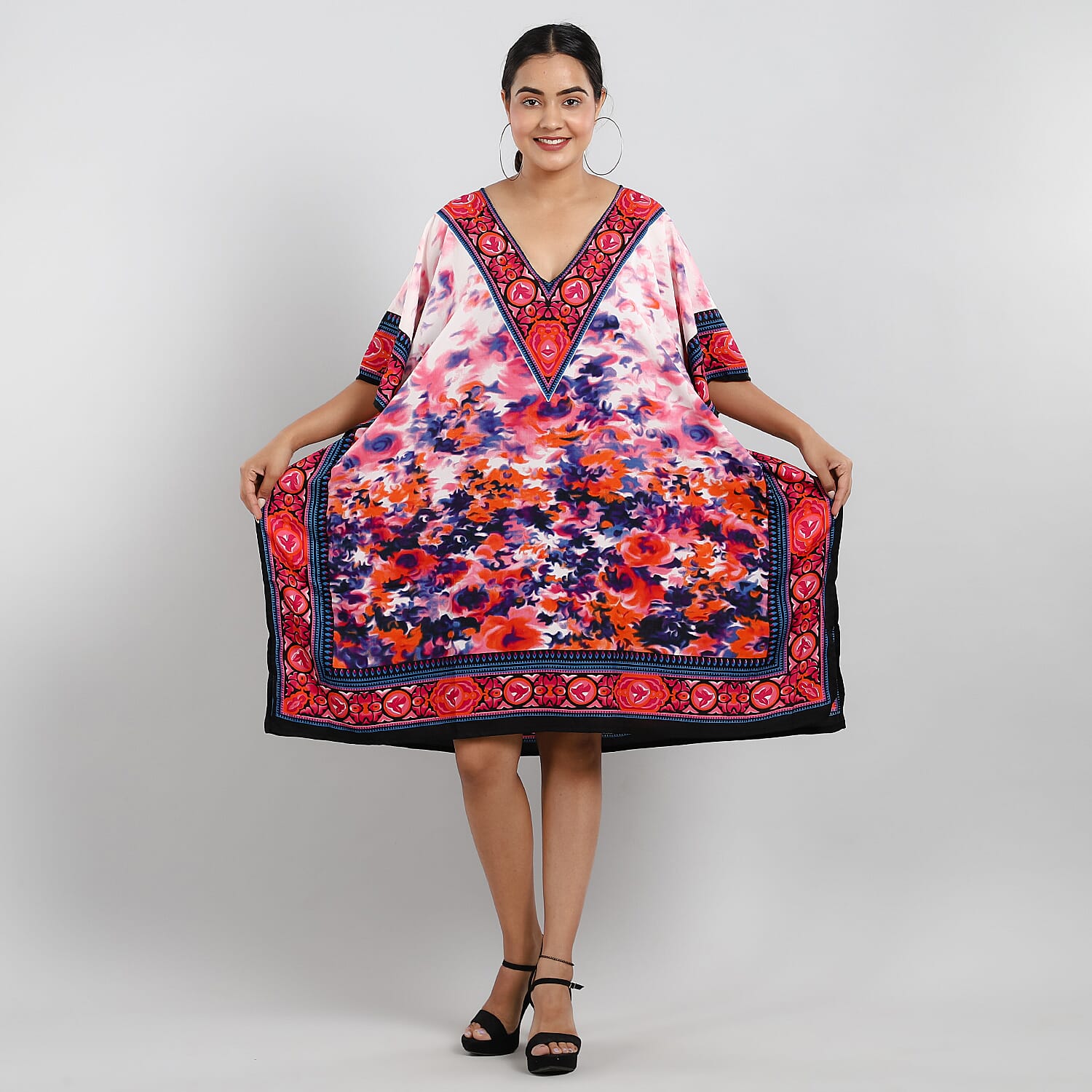 TAMSY Tropic Floral Printed Short Kaftan (Size 95x78 Cm) - Red & Multi