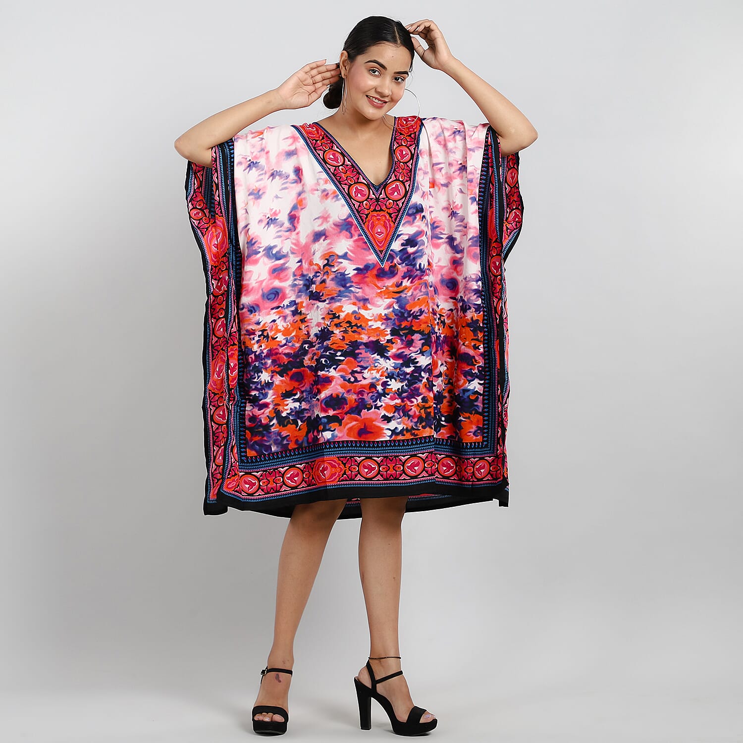 TAMSY Tropic Floral Printed Short Kaftan (Size 95x78 Cm) - Red & Multi