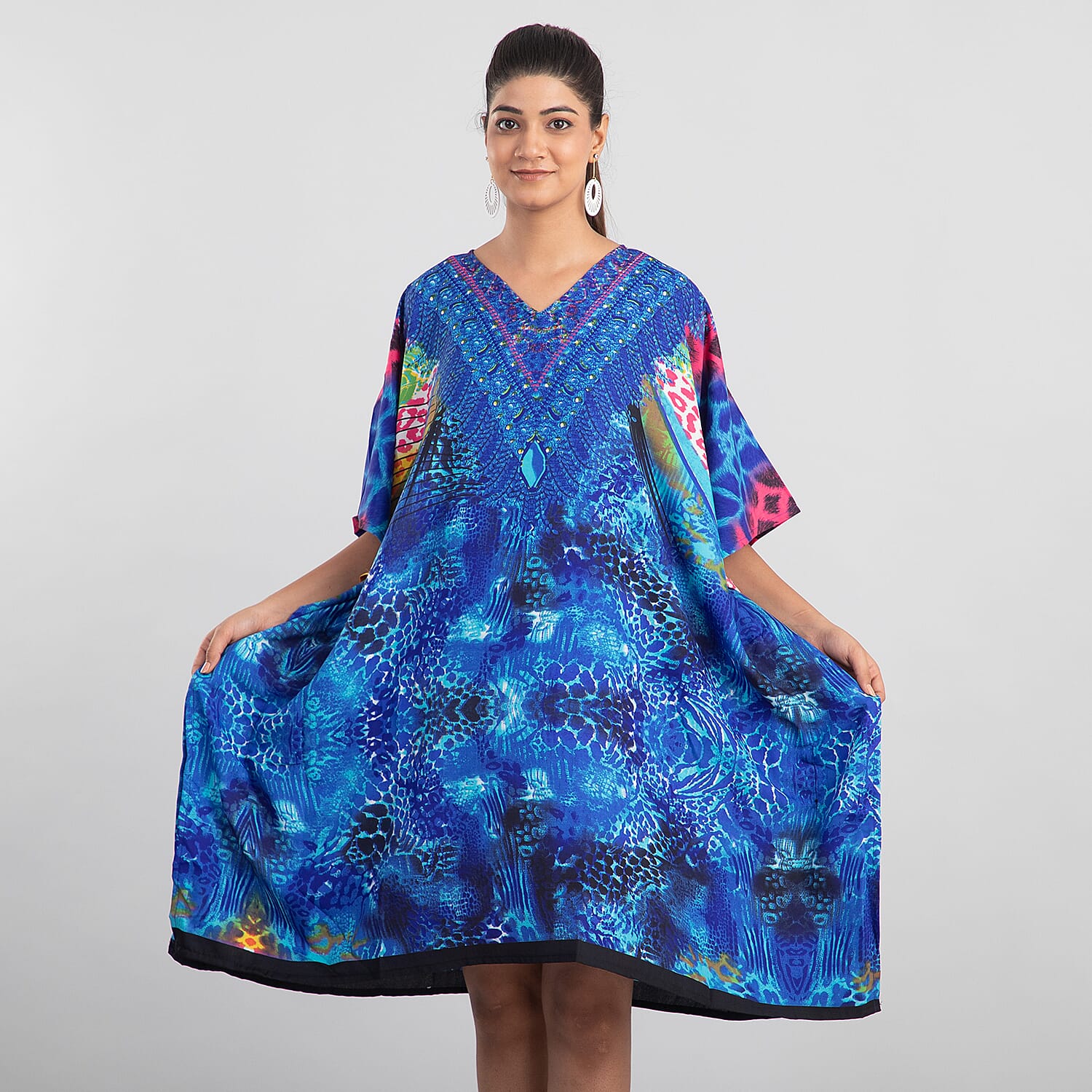 TAMSY Animal Fantasy Printed Short Kaftan - Blue & Multi