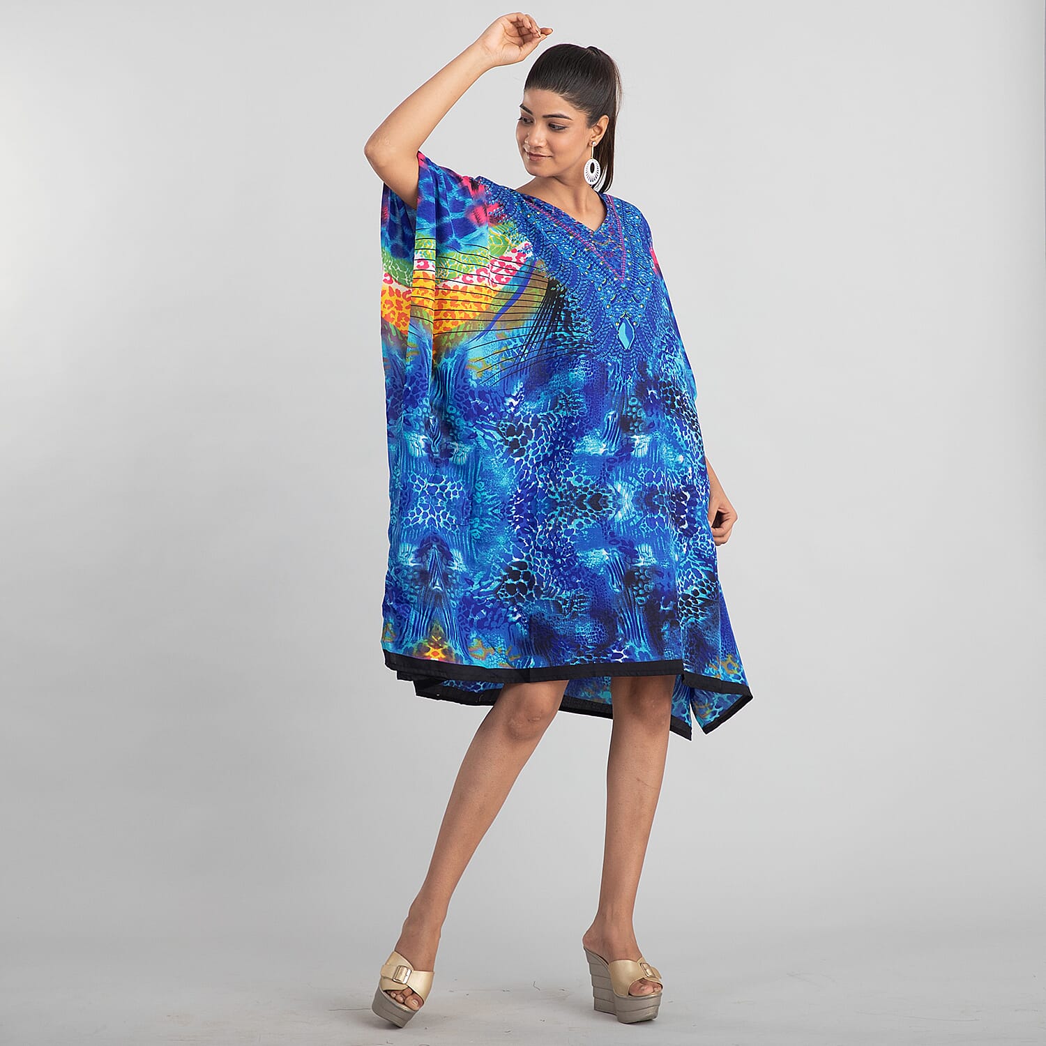 TAMSY Animal Fantasy Printed Short Kaftan - Blue & Multi