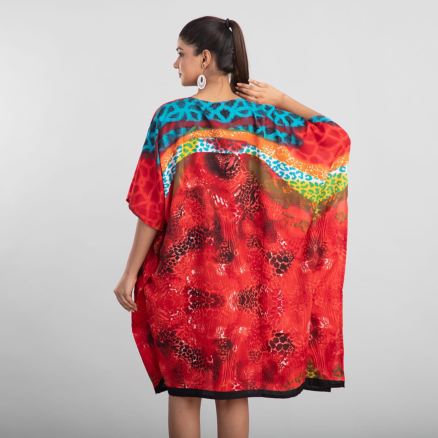 TAMSY Animal Fantasy Printed Short Kaftan (Size 95x78 Cm) - Red & Multi