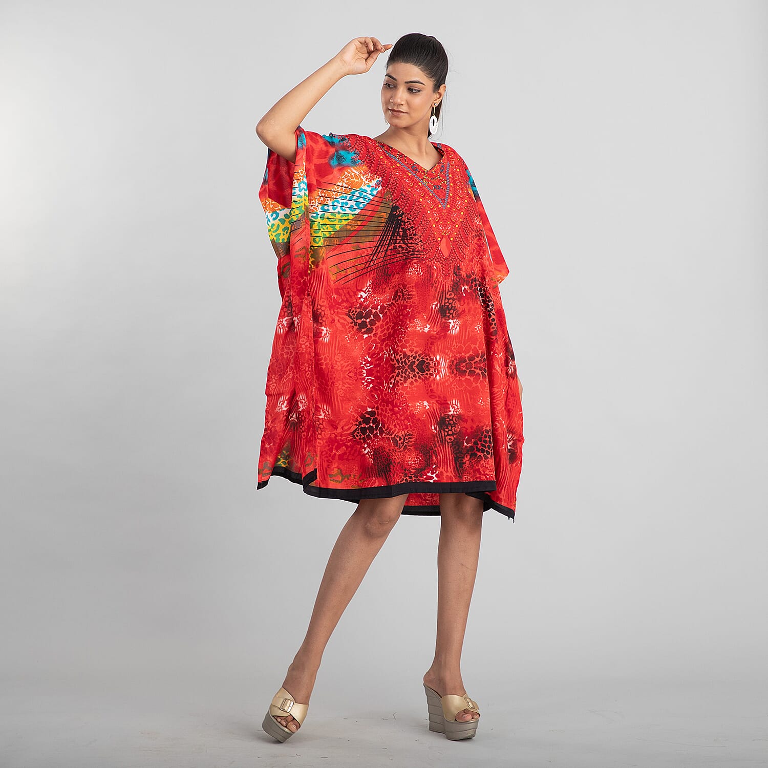 TAMSY Animal Fantasy Printed Short Kaftan (Size 95x78 Cm) - Red & Multi