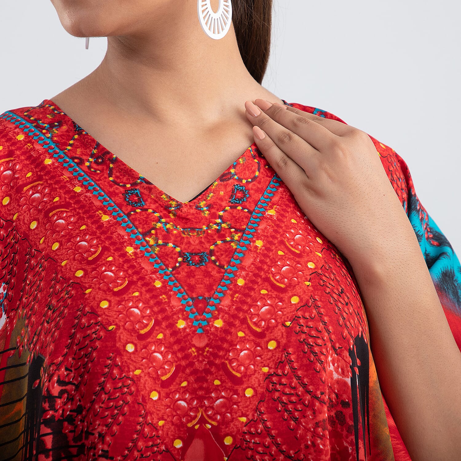 TAMSY Animal Fantasy Printed Short Kaftan (Size 95x78 Cm) - Red & Multi