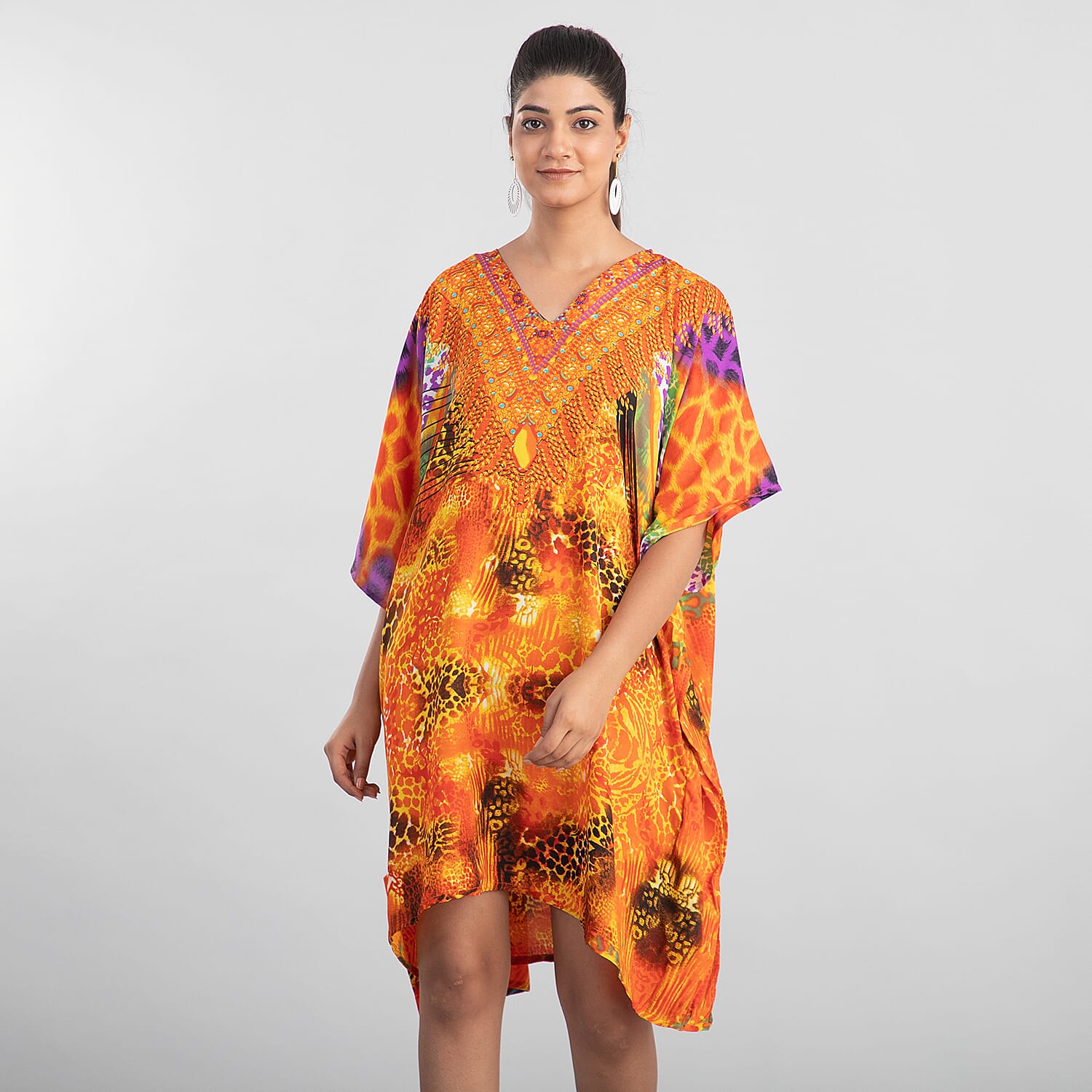 TAMSY Animal Fantasy Printed Short Kaftan (Size 95x78 Cm) - Yellow & Orange